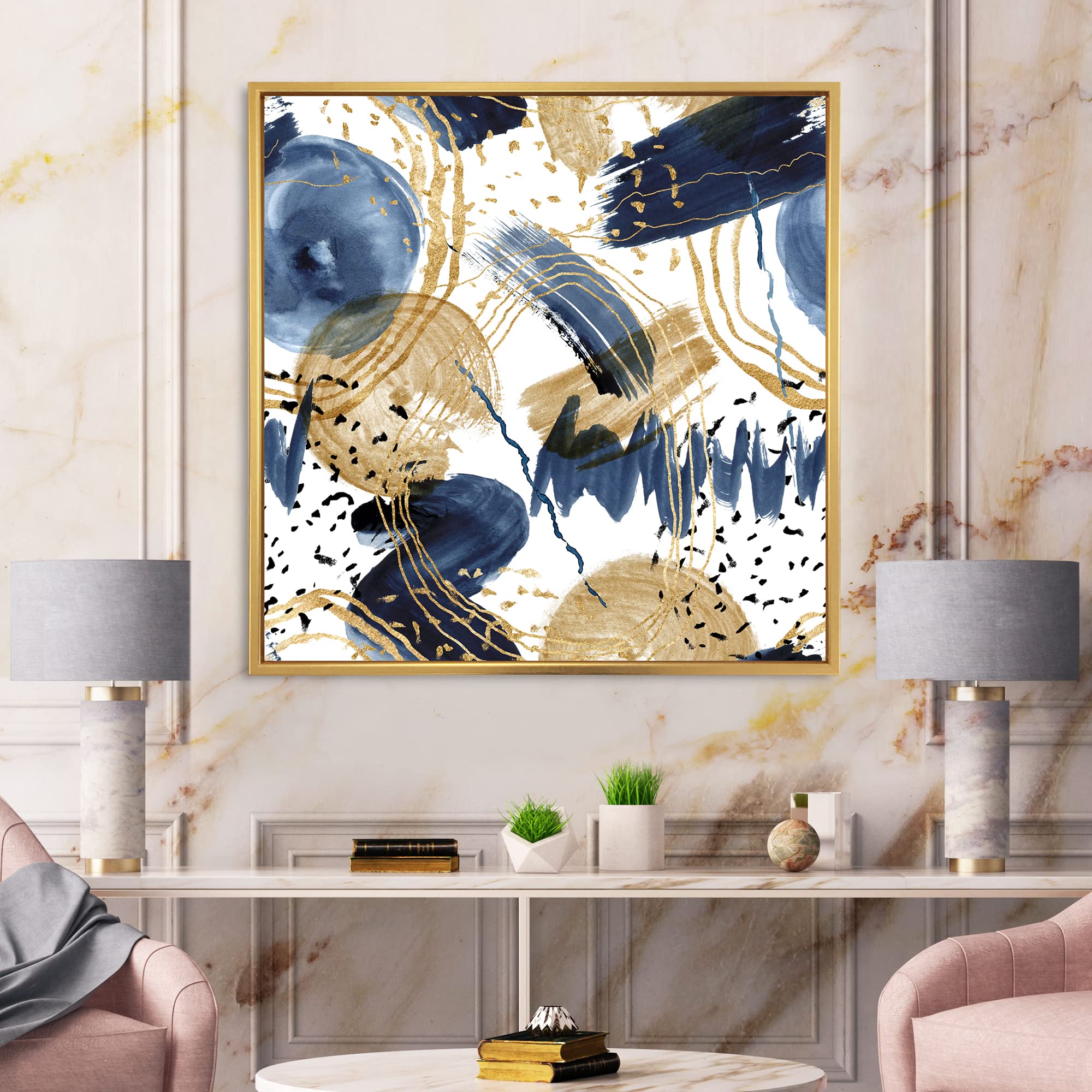 Abstract Pattern Dark Blue & Gold Textured Framed Canvas Wall Art - Modern Home Decor for Living Room, Bedroom & Office
