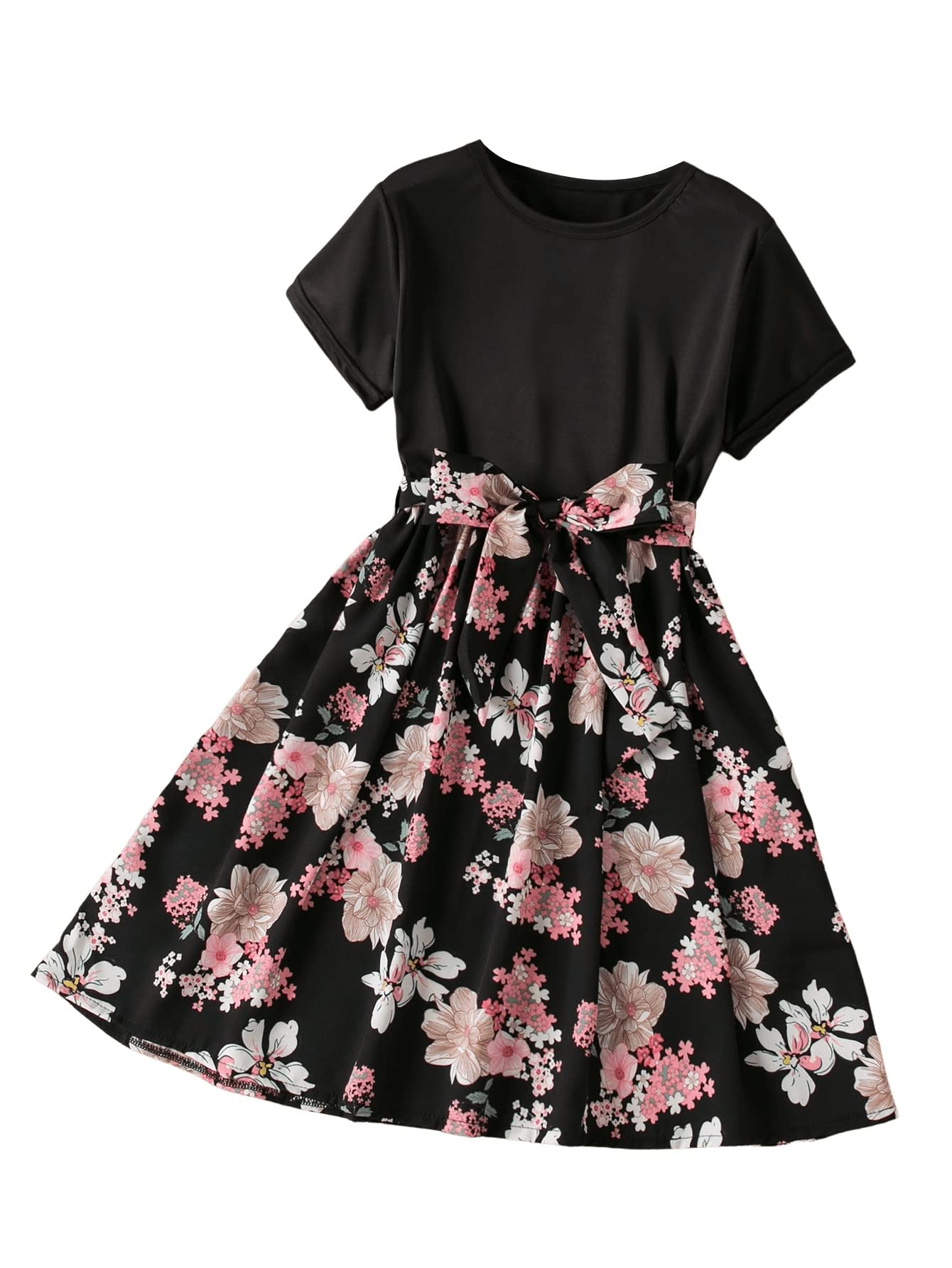 SweatyRocks Girls Floral Print Belted Dress - Short Sleeve Round Neck A-Line Flared Summer Dress for Kids | Perfect for Birthday Parties, School Events & Summer Outings