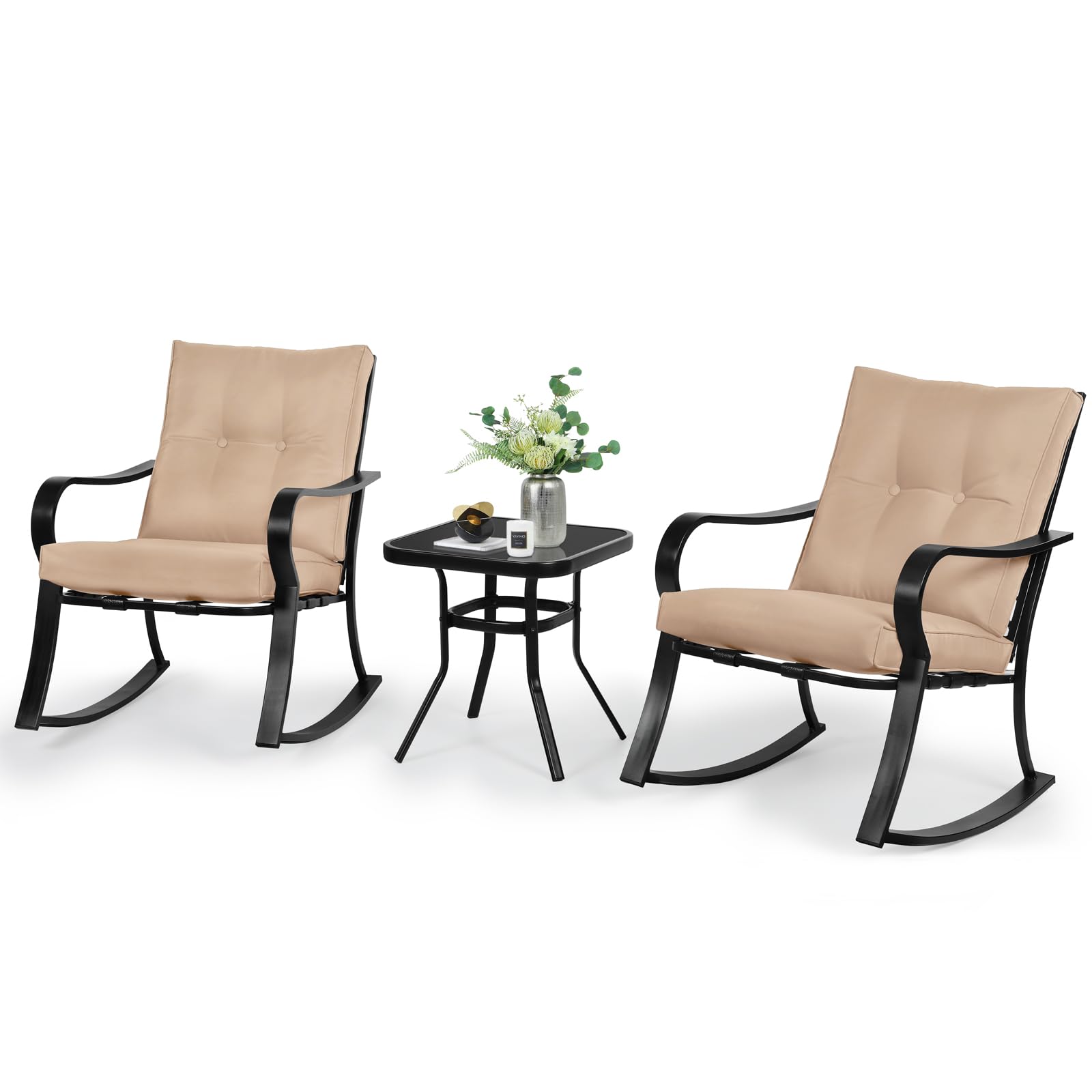 SOLAURA 3-Piece Outdoor Rocking Chair Set with Cushions - Black Iron Patio Bistro Furniture with Glass-Top Coffee Table - Perfect for Garden, Porch & Backyard Relaxation