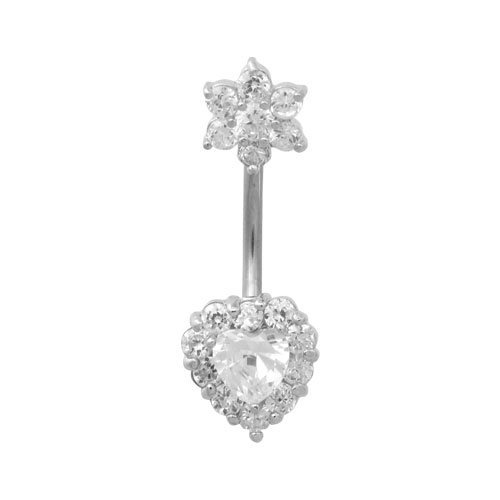 Body Accentz® 14G Belly Button Ring - Double CZ Gem Flower & Heart Navel Piercing Jewelry for Women | Perfect for Summer, Beach & Parties