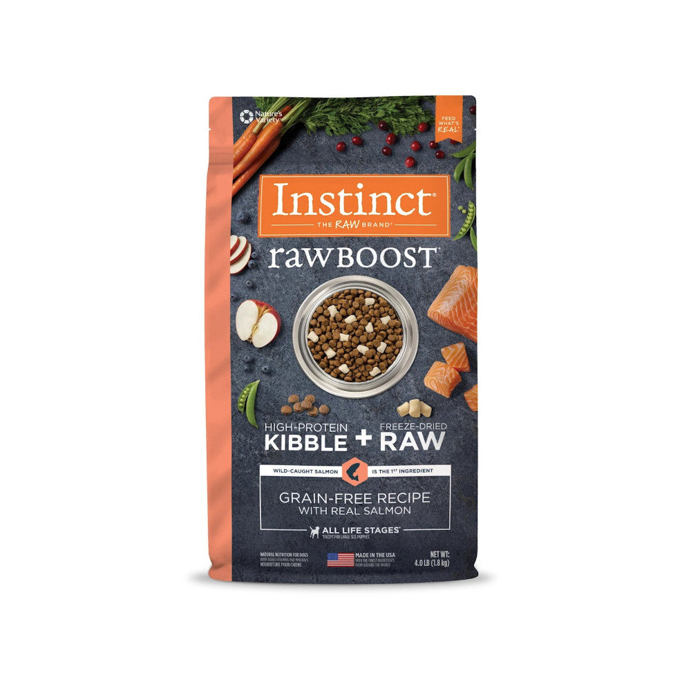 Grain-Free Salmon Raw Boost Kibble + Raw Dry Dog Food for All Breeds - High Protein, Natural Ingredients for Healthy Skin & Coat - Perfect for Active Dogs & Puppies