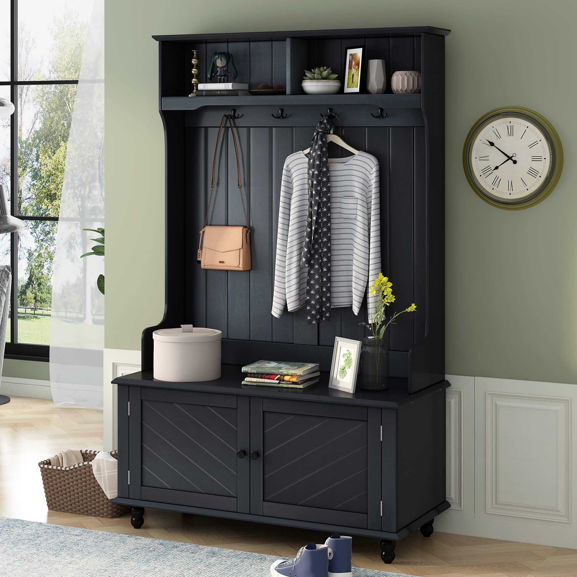 Goujxcy 3-in-1 Entryway Hall Tree with Storage Bench - Modern Coat Rack & Shoe Organizer Cabinet for Living Room & Hallway - Black - Perfect for Small Spaces & Home Organization