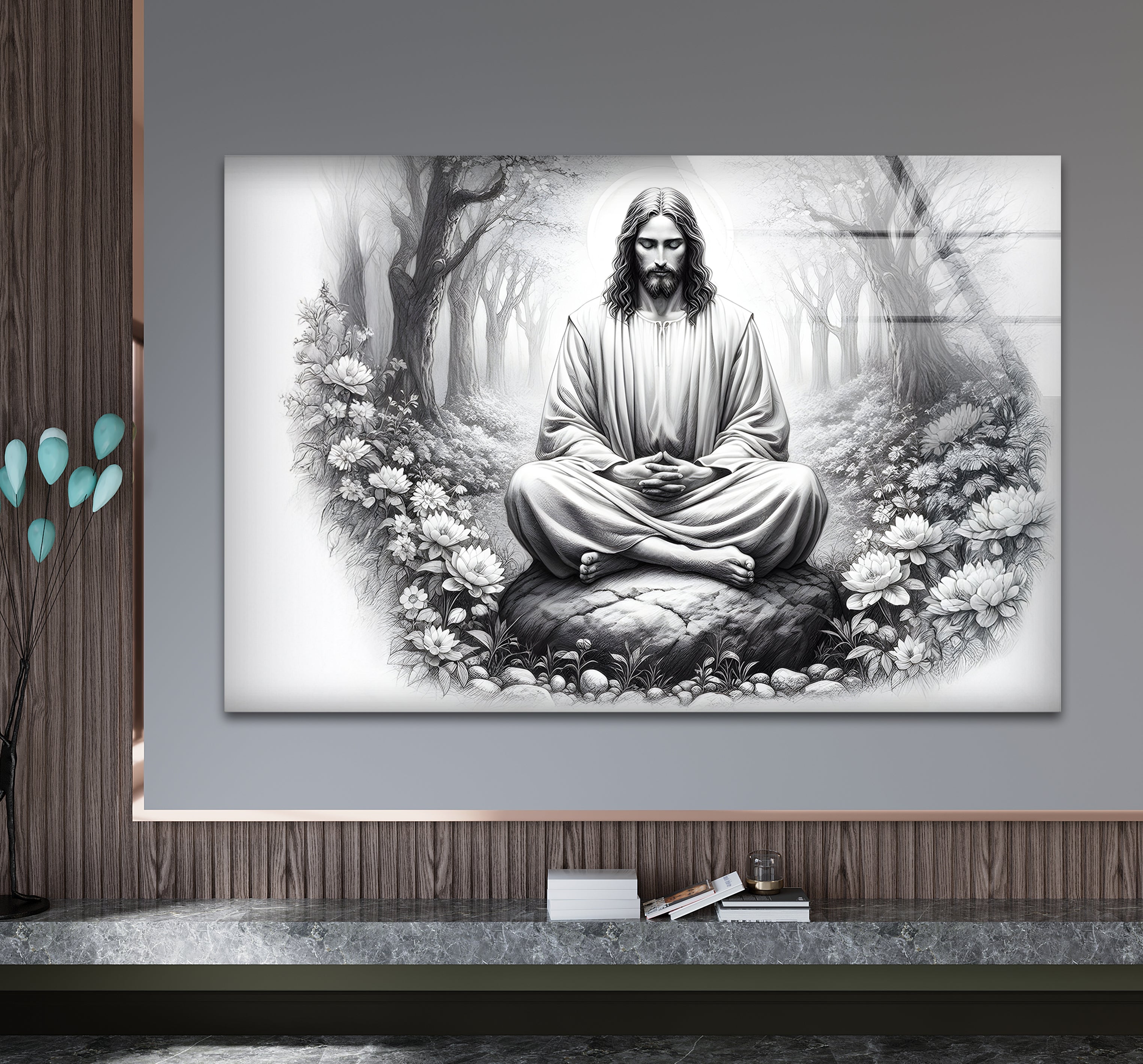 Black and White Jesus Glass Wall Art - Religious Home Decor for Living Room, Bedroom & Church