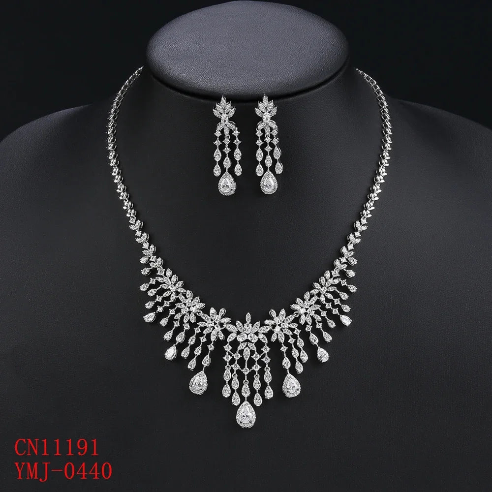 Cubic Zirconia Droplet Flower Tassel Necklace & Earrings 2-Piece Set - Elegant Bridal Jewelry for Women, Wedding & Party Accessories - Perfect for Bridal Showers, Prom & Special Occasions