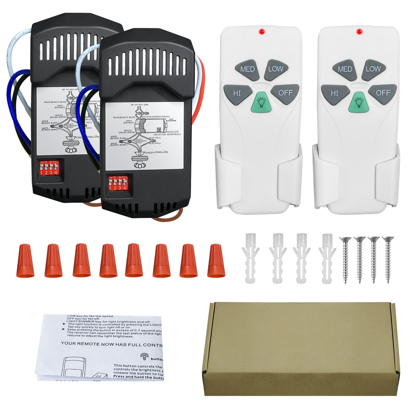 2 Pack Universal Ceiling Fan Remote Control Kit with Light Dimmer & 3 Speed Fan Controller - Compatible with Hampton Bay, Hunter, Harbor Breeze, Westinghouse, Honeywell & More - Perfect for Bedroom, Living Room, Office & Home Use