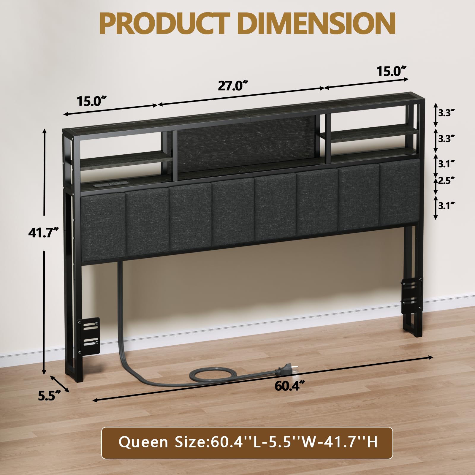 Furnulem Queen Size Bed Headboard with Storage Shelves, USB Ports & Outlets, LED Lighting - Adjustable Height, Sturdy Design with Charging Station - Perfect for Bedroom Organization & Modern Home Decor