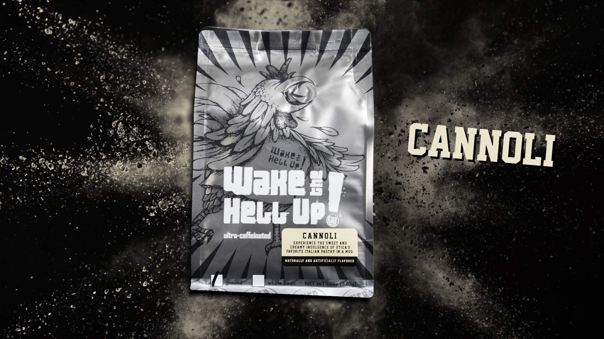 Wake The Hell Up! 12oz Ultra-Caffeinated Cannoli Ground Coffee - Low Acid, Medium-Dark Roast | Perfect for Mornings, Office Boost & Late-Night Study Sessions