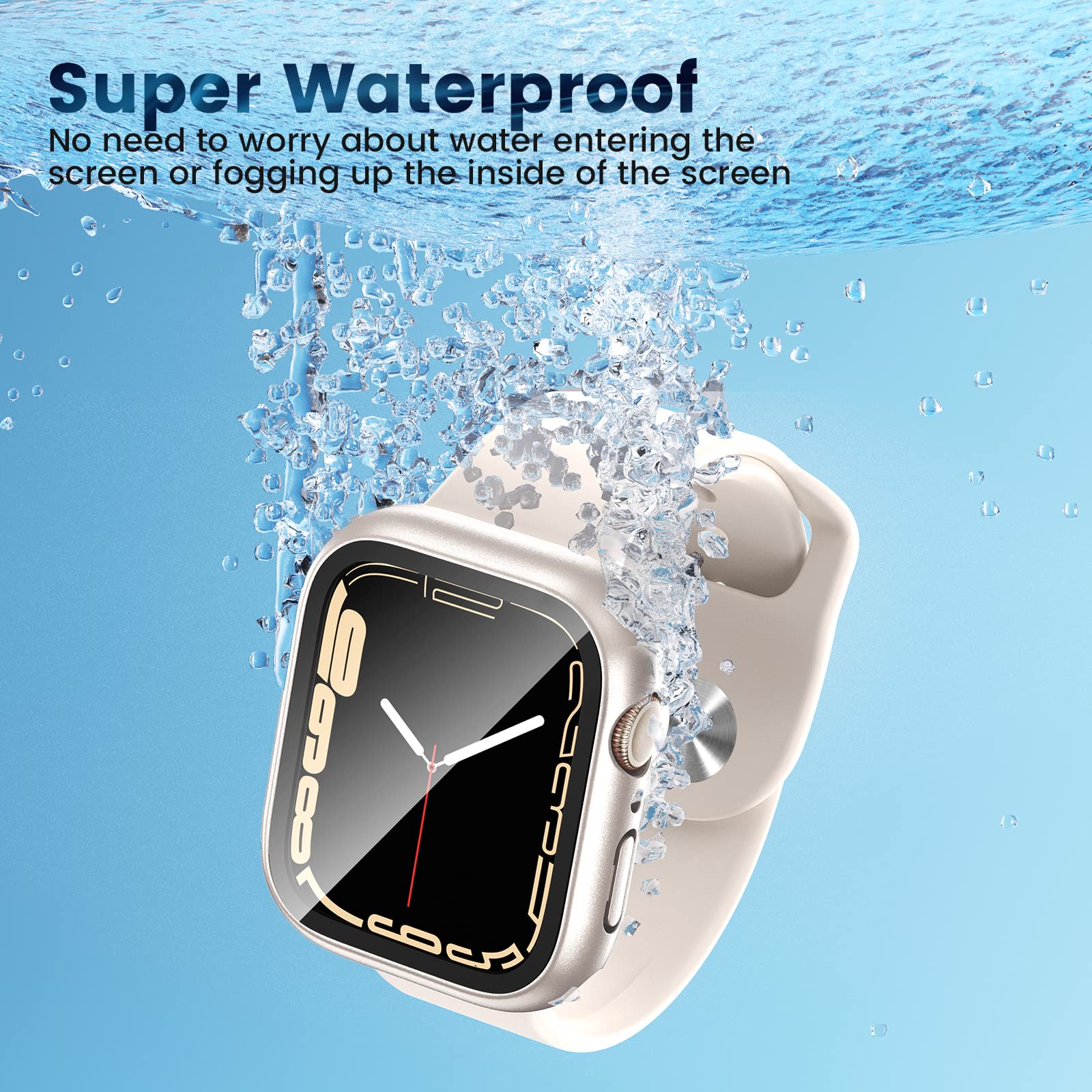 2 Pack Waterproof Case for Apple Watch Series 9/8/7 (41mm) - Tempered Glass Screen Protector with 360° Protective PC Cover & Front/Back Bumper - Perfect for Swimming, Sports & Outdoor Activities (Starlight)