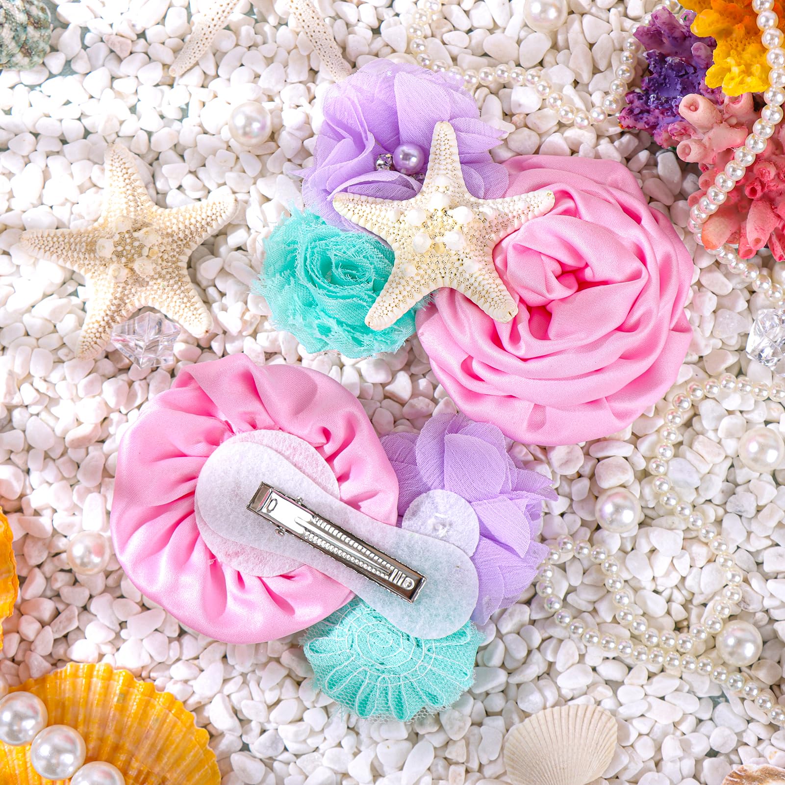 YanJie Mermaid Baby Hair Clips - Handmade Pink Bow Clips with Starfish for Girls, Infants & Toddlers | Mermaid Themed Party Hair Accessories, Birthday Gift for Baby Showers & Beach Vacations