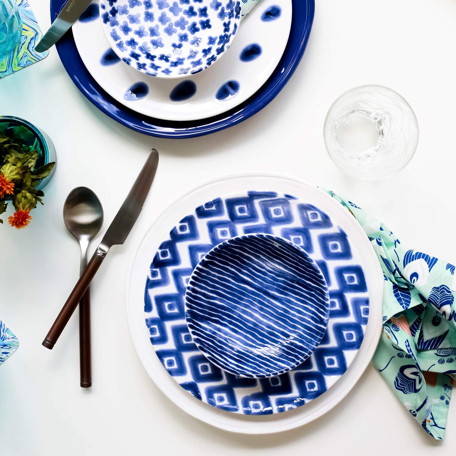 Vietri Viva Santorini Diamond 3-Piece Dinnerware Set - Ceramic Cereal Bowl & Salad/Dinner Plates for Elegant Dining, Wedding Registry & Home Entertaining