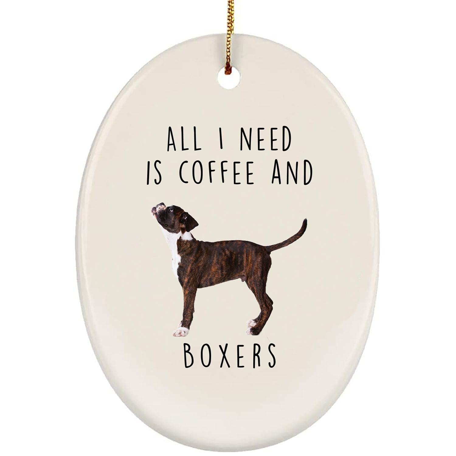 Funny Dog Mom Gifts - I Love Coffee & Brindle Boxer Puppy Christmas Ornament 2024, Oval White Decoration for Tree & Pet Lovers