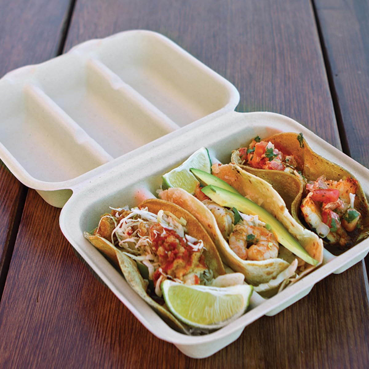 World Centric TO-SC-T3 100% Compostable Takeout Containers - Eco-Friendly Unbleached Plant Fiber 3-Compartment Taco Boxes, 8