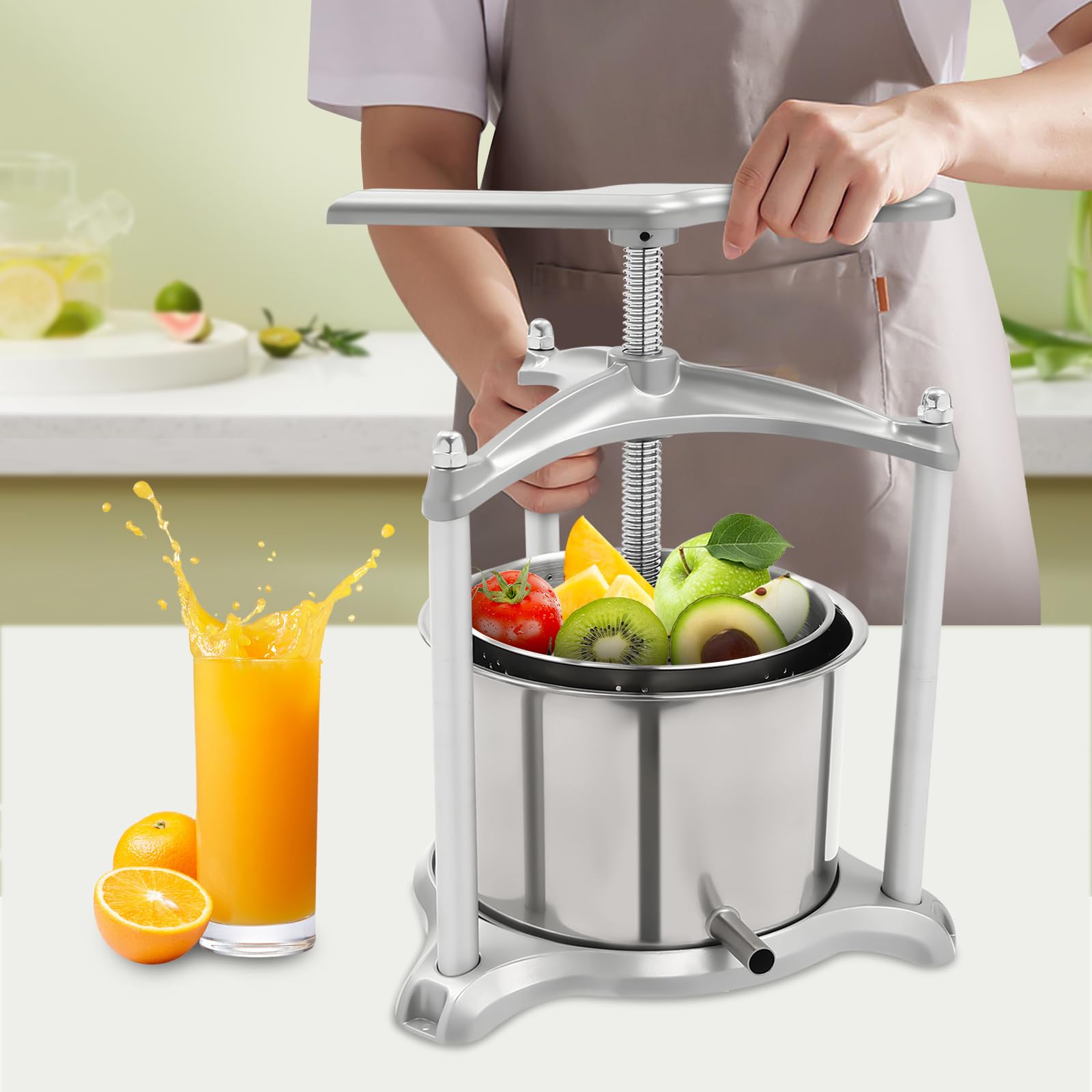 Stainless Steel Dual Barrel Manual Fruit Wine Press - Home Cider & Juice Maker with T-Handle & Triangular Frame - Perfect for Apple Crushing, Grape Pressing, and Homemade Winemaking (USA Stock)