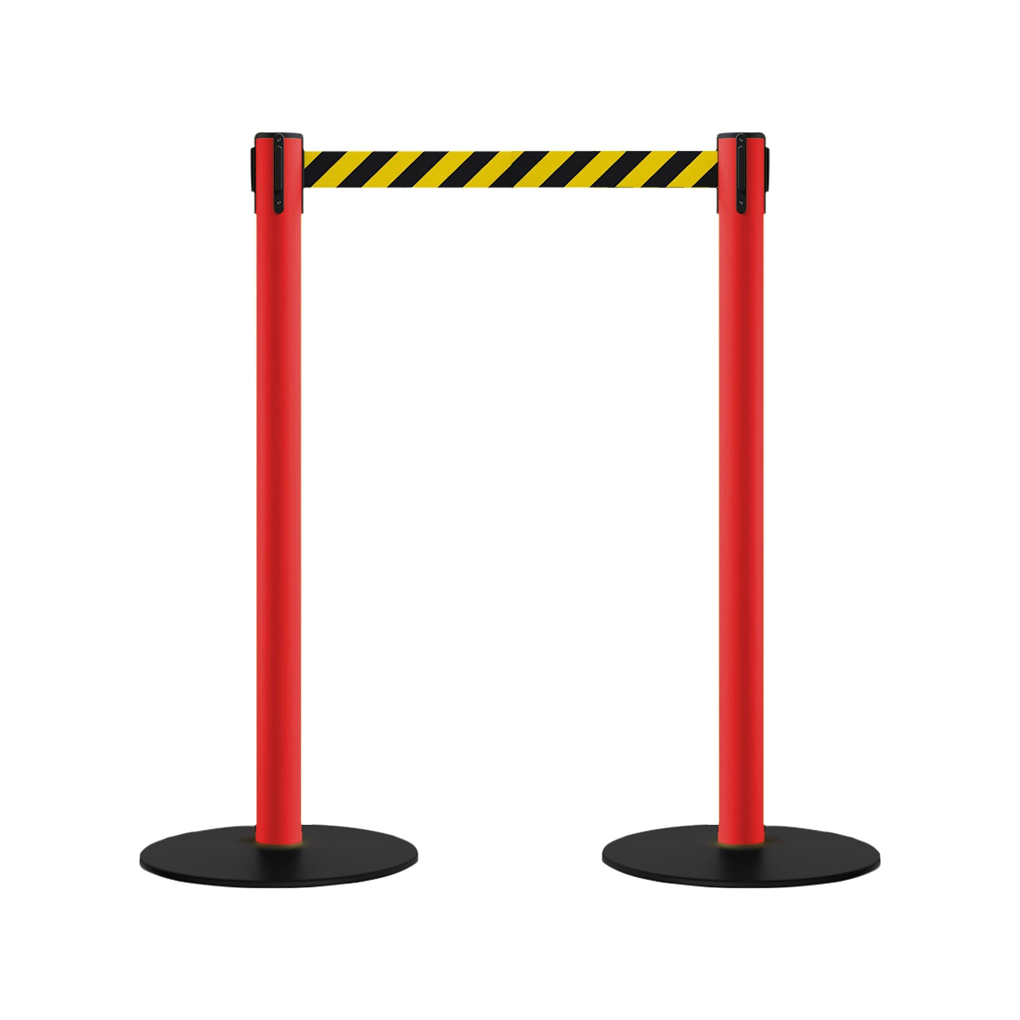 Retractable Belt Barrier Stanchion Set of 2 - Low Profile Base with Red Posts & 7.5ft Blue Belt - CCW Approved for Crowd Control | Perfect for Events, Queues, and Retail Spaces