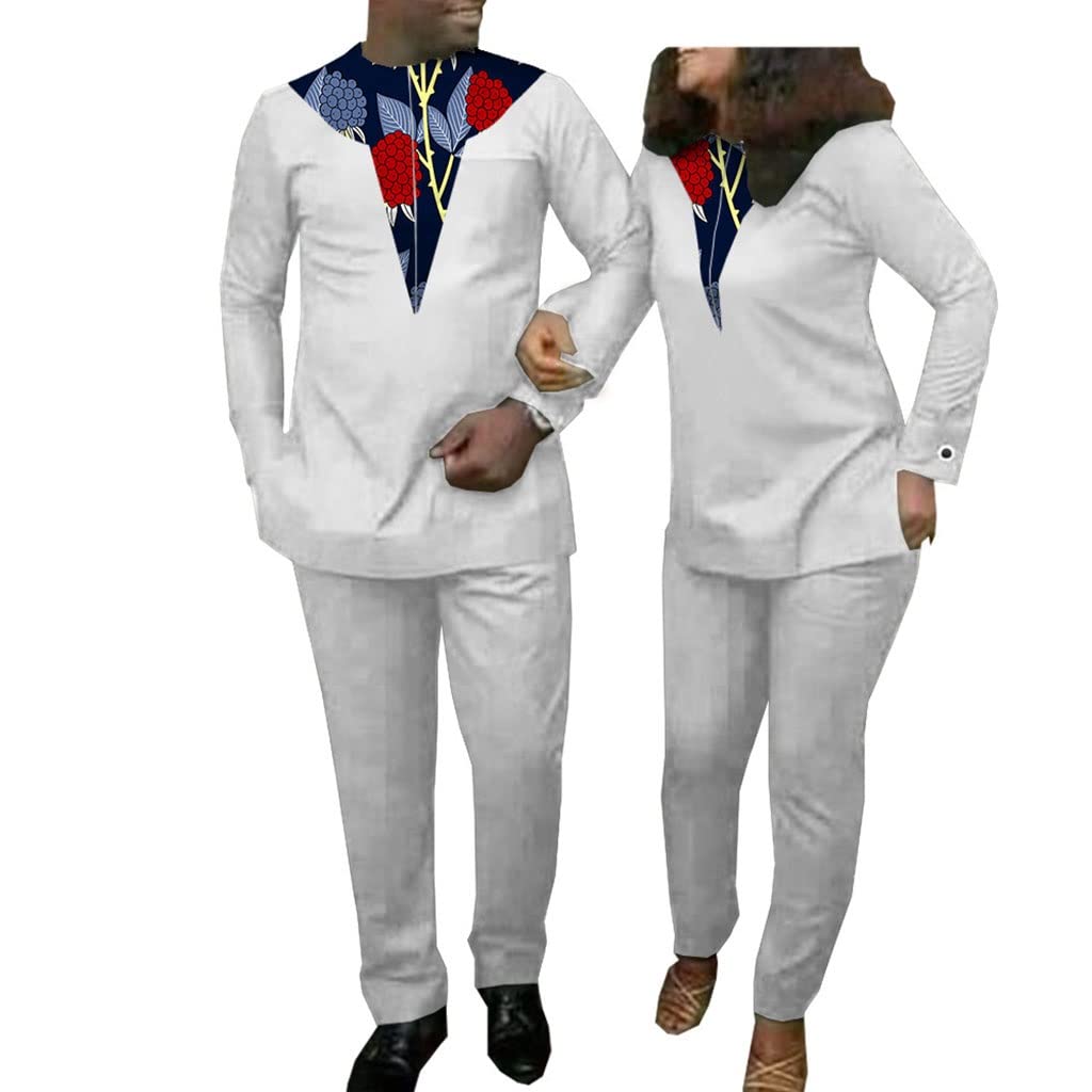 African Couple Matching Tracksuit Set - Traditional Dashiki Floral Print Wax Outfit with Long Shirt & Pants | Perfect for Weddings, Cultural Events & Anniversary Celebrations