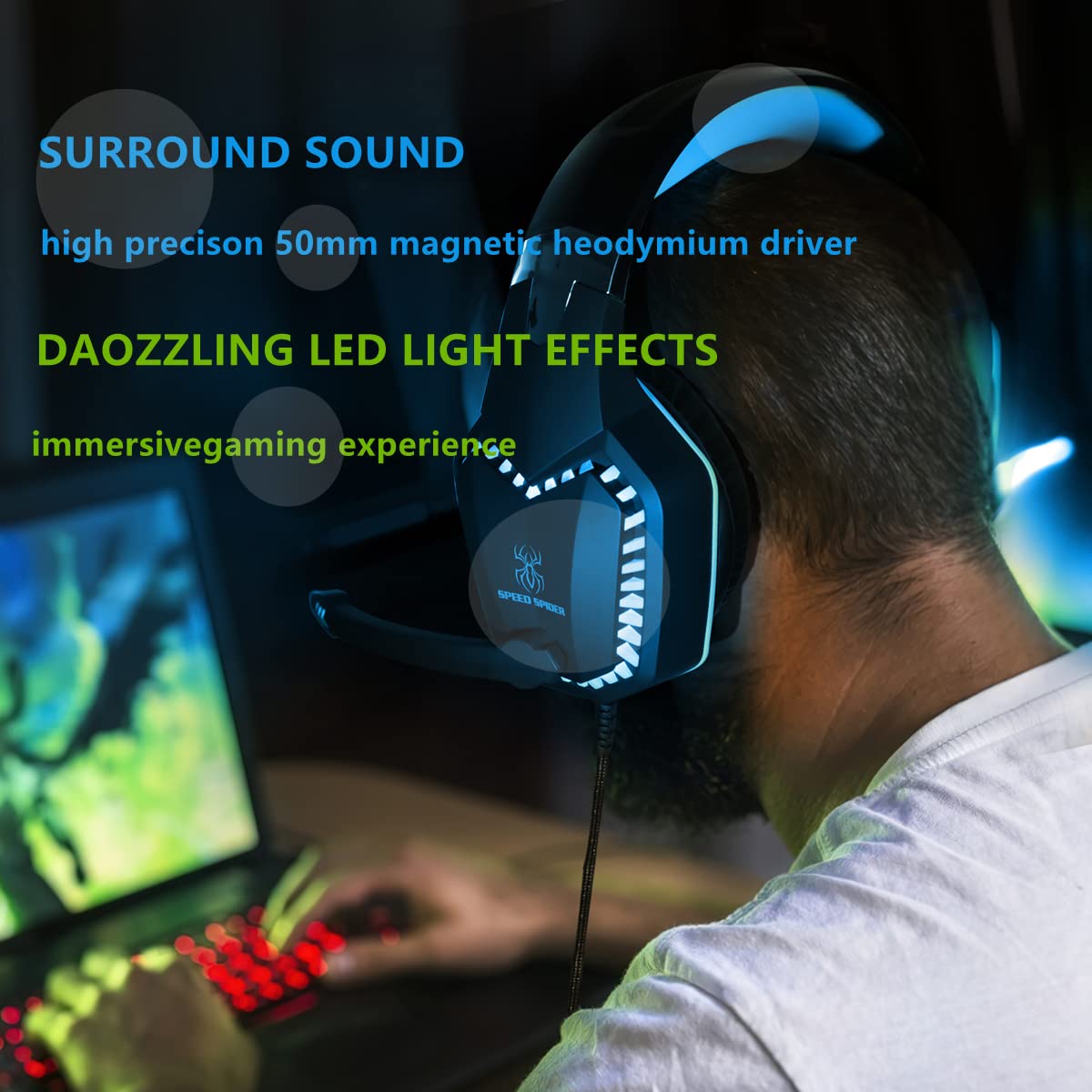 SKTOME Gaming Headset with Mic & LED Lights - Noise Cancelling Over-Ear Headphones with Voice Changer, Volume Control for PS5/PS4/Xbox One/PC/Laptop/Phone - Perfect for Online Gaming & Streaming (Blue)