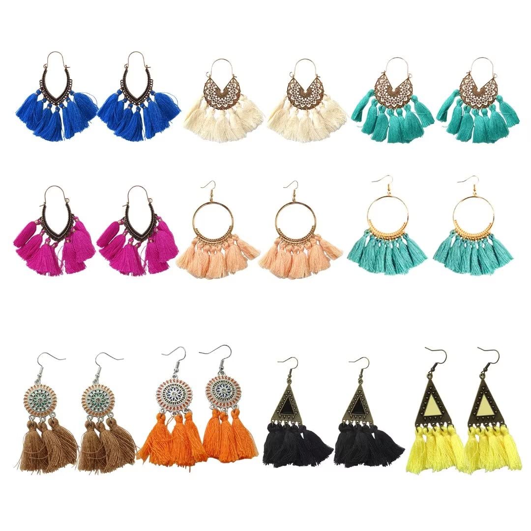 10 Pairs Bohemian Tassel Earrings for Women - Colorful Layered Hoop Fringe Statement Jewelry - Perfect for Birthday Party, Christmas, Summer Beach & Gifts - Fashion Accessories for Boho Style & Casual Outfits
