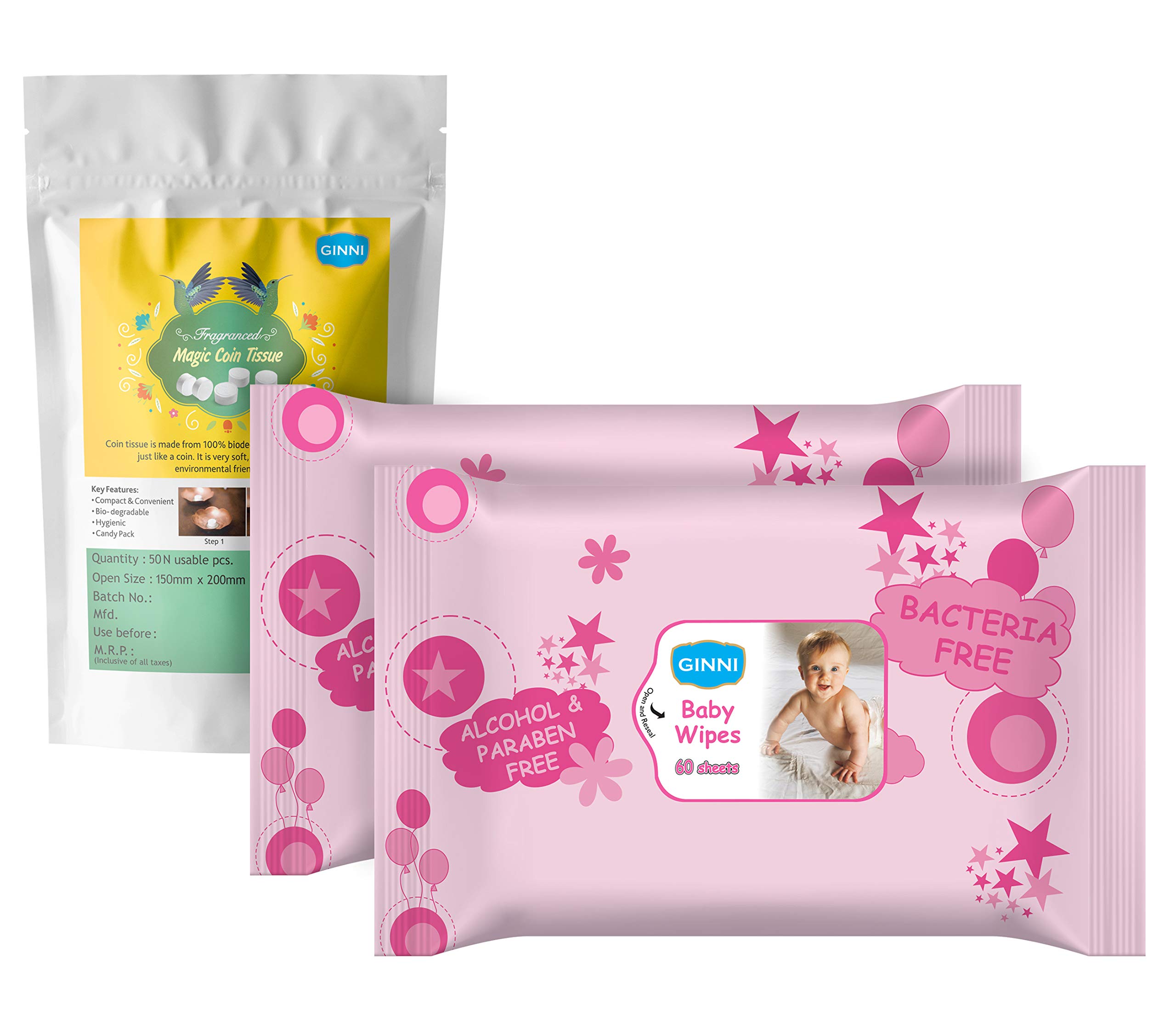 Premium Baby Wet Wipes - Hypoallergenic & Alcohol-Free (60 Wipes/Pack, 2 Packs) with Magic Pop-Up Coin Tissues (50 Pcs) - Gentle for Newborn Skin Care, Diaper Changing & On-the-Go Cleaning