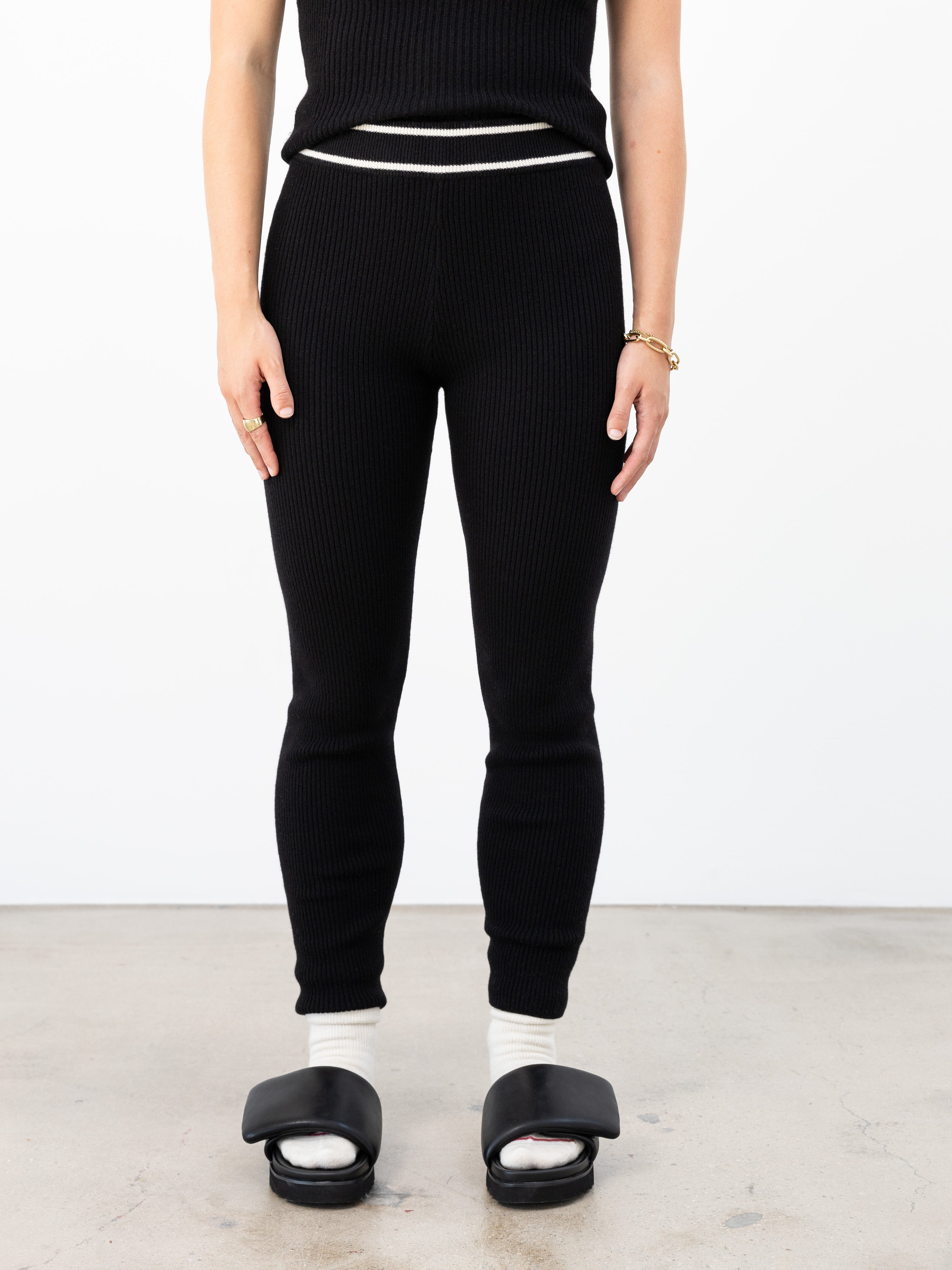 Maria Cashmere Ribbed Leggings for Women - Soft Thermal Winter Tights, High Waist Stretchy Pants (Black with Eco Paper Trim) - Perfect for Yoga, Lounge & Cold Weather Outfits