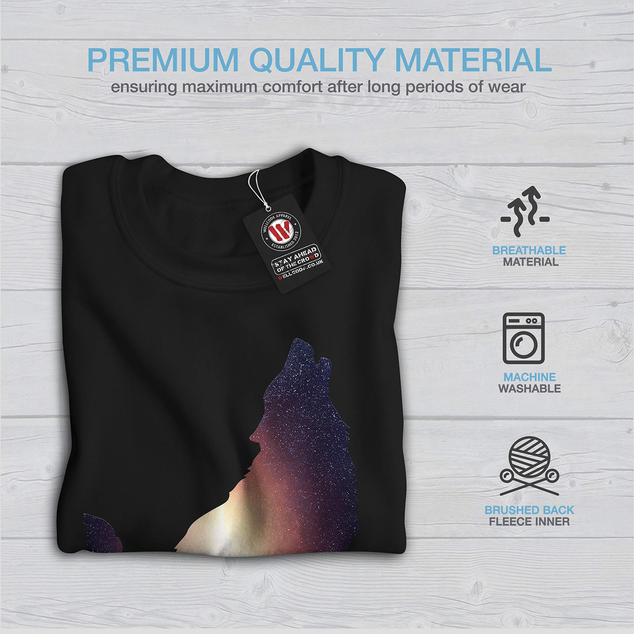 Wellcoda Men's Wolf Freedom Graphic Sweatshirt - Space Sky Print Casual Pullover Jumper for Outdoor Activities & Streetwear Fashion