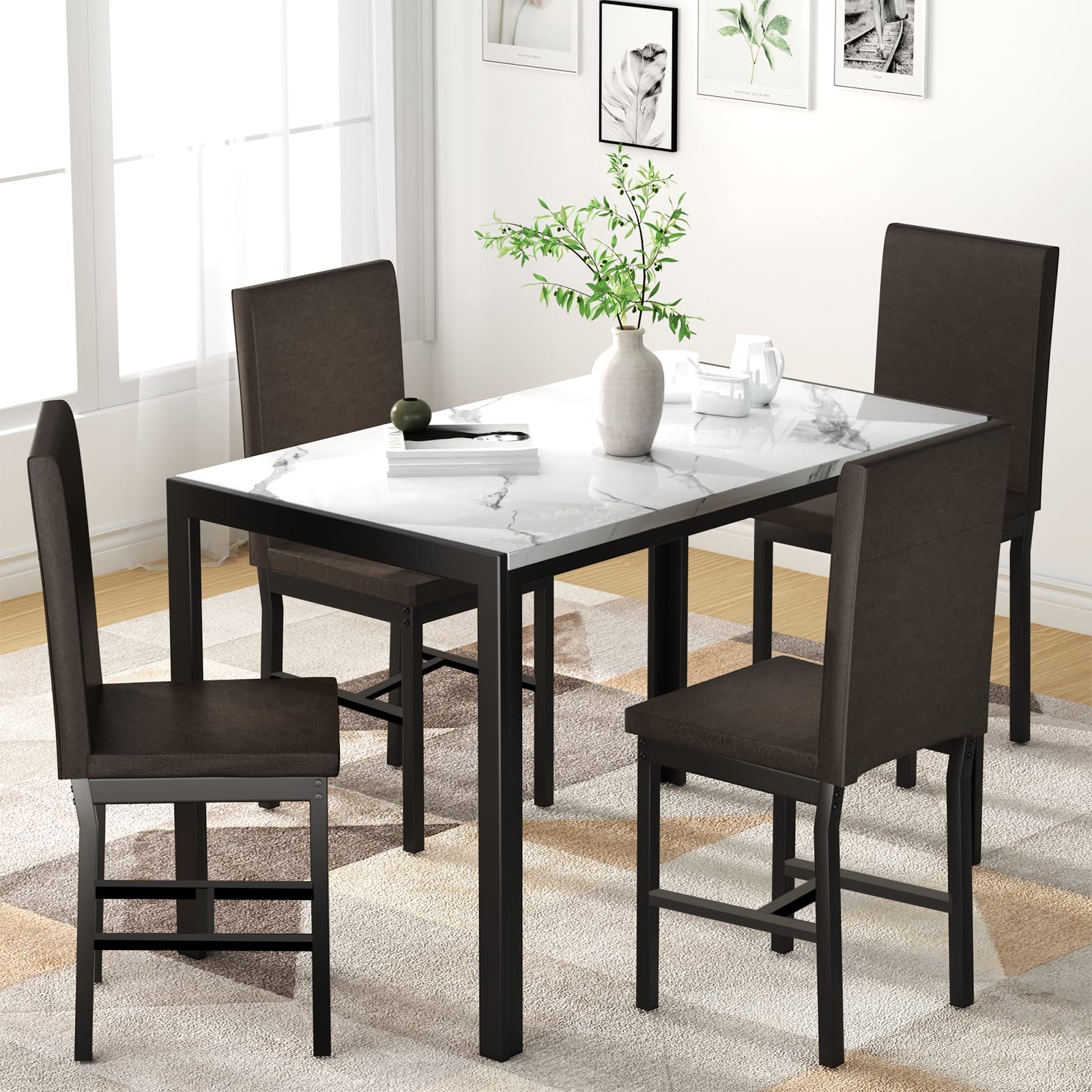 MIERE 5-Piece Marble Dining Set with Faux Leather Metal Frame Chairs - White Modern Kitchen Table & 4 Chairs for Dining Room, Breakfast Nook & Small Space | Perfect for Family Meals, Entertaining Guests & Cozy Breakfasts