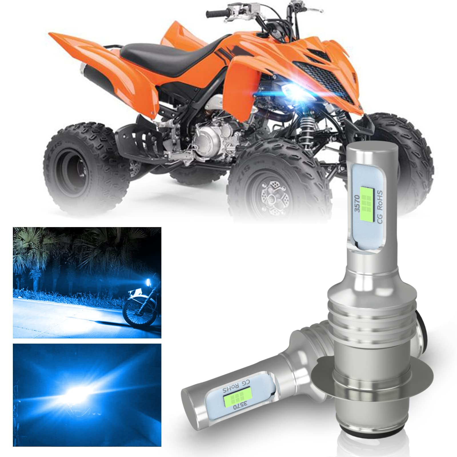 Yamaha Raptor 700 700R 2006-2017 LED Motorcycle Headlight Bulb Kit - P15D H6M High/Low Beam 1500LM 8000K Ice Blue Halogen Replacement - Plug & Play (2 Pack) for Off-Road & Night Riding