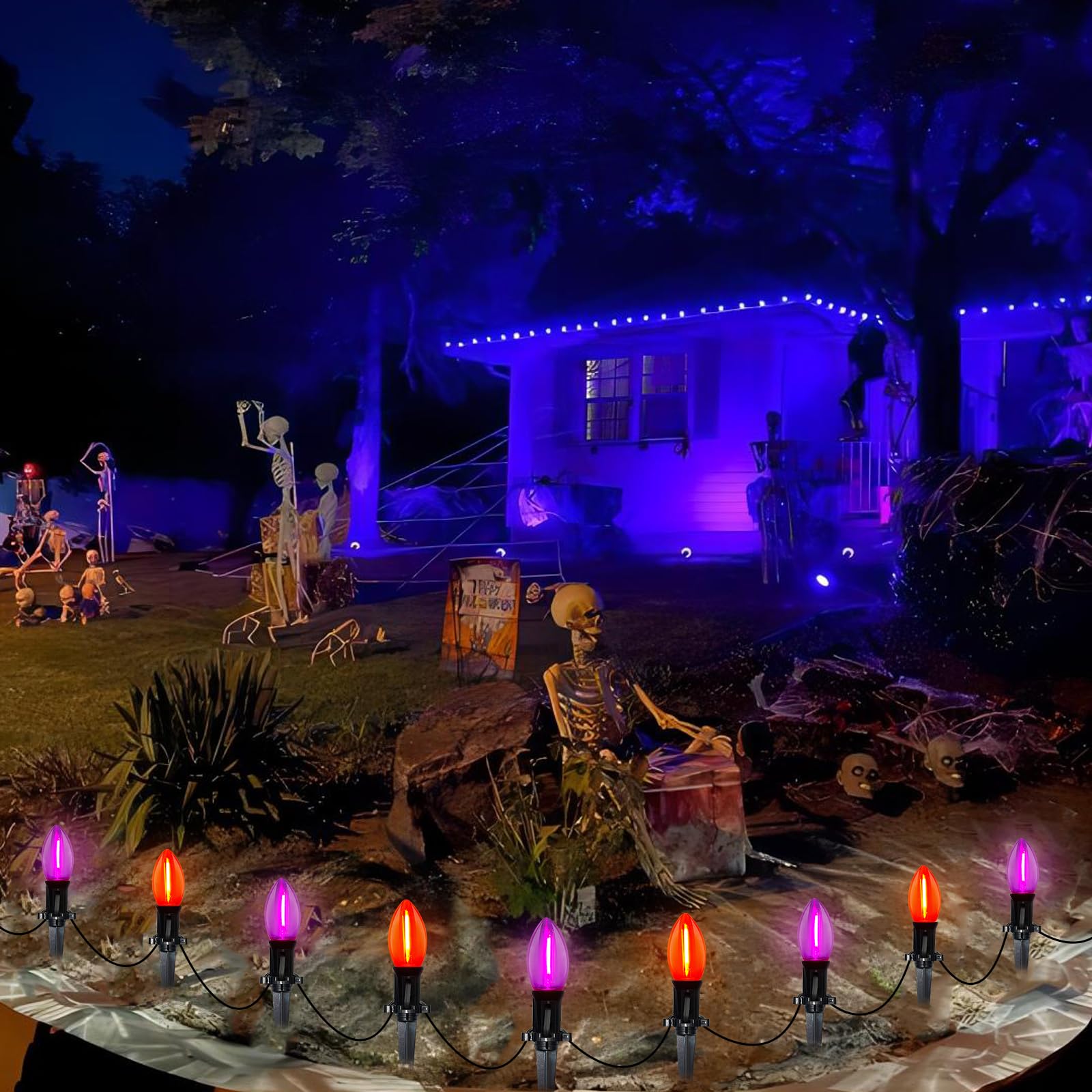 10 Pack Halloween Pathway Lights - Outdoor LED Stake Lights with C9 Clear Purple & Orange Bulbs, 19.5Ft Extendable Walkway Lighting for Garden, Yard, Porch, Driveway & Sidewalk - Perfect for Halloween Party Decorations & Spooky Nighttime Ambiance