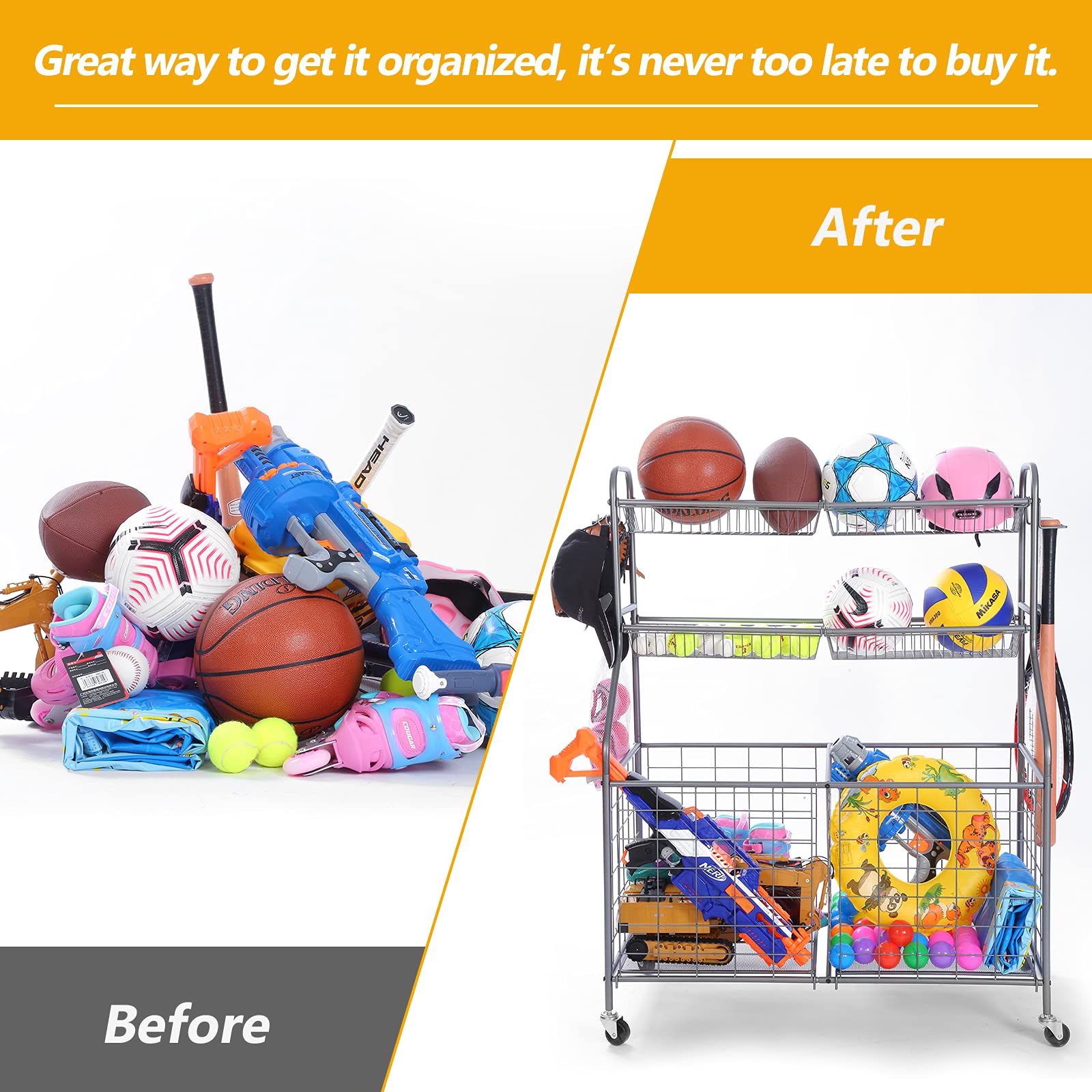 Kinghouse Heavy-Duty Steel Garage Sports Equipment Organizer - Ball Storage Rack & Toy Organizer with Wheels for Nerf Guns, Basketballs, Soccer Balls - Perfect for Garage, Playroom & School Organization (Grey)