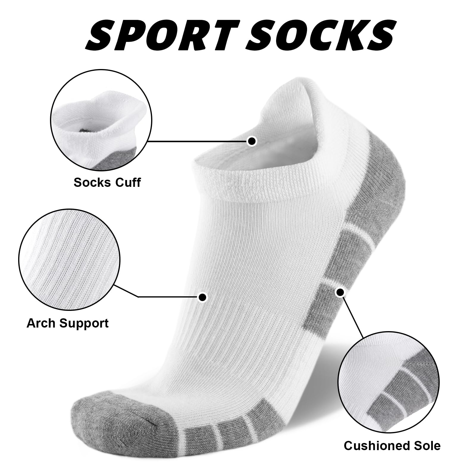 eallco Men's Low Cut Athletic Running Socks - 6 Pack Cushioned Ankle Socks for Sports & Workout | Perfect for Jogging, Gym & Daily Wear