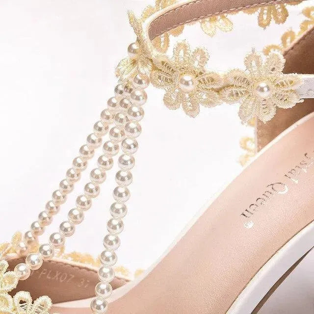 Elegant String Bead Lace Wedding Shoes for Bride – Comfortable Heels for Church Ceremony, Outdoor Photos & Reception