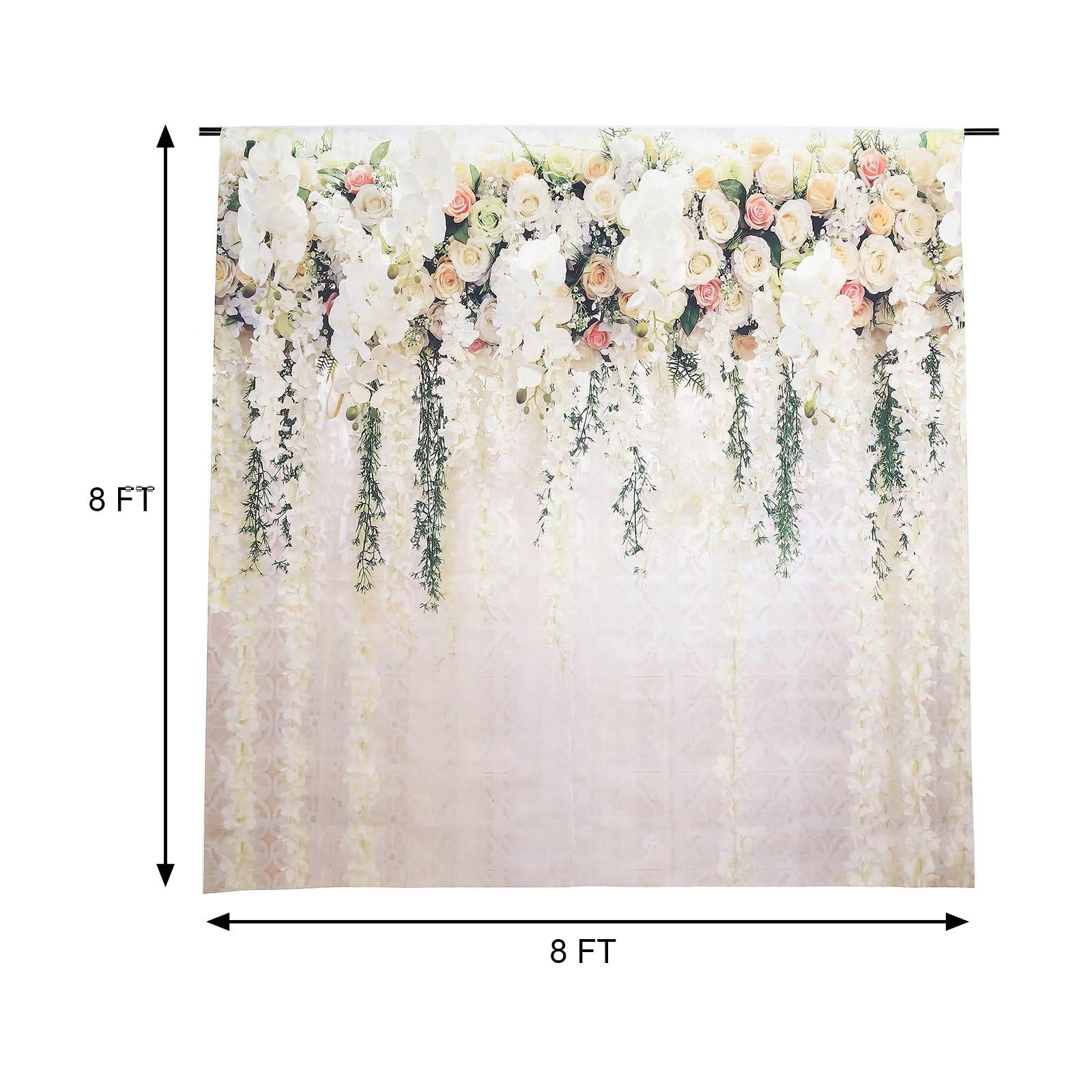 8 ft Vinyl Photography Backdrop White Roses Printed - Wedding Reception Party Decor, Bridal Shower Birthday Photo Booth Background