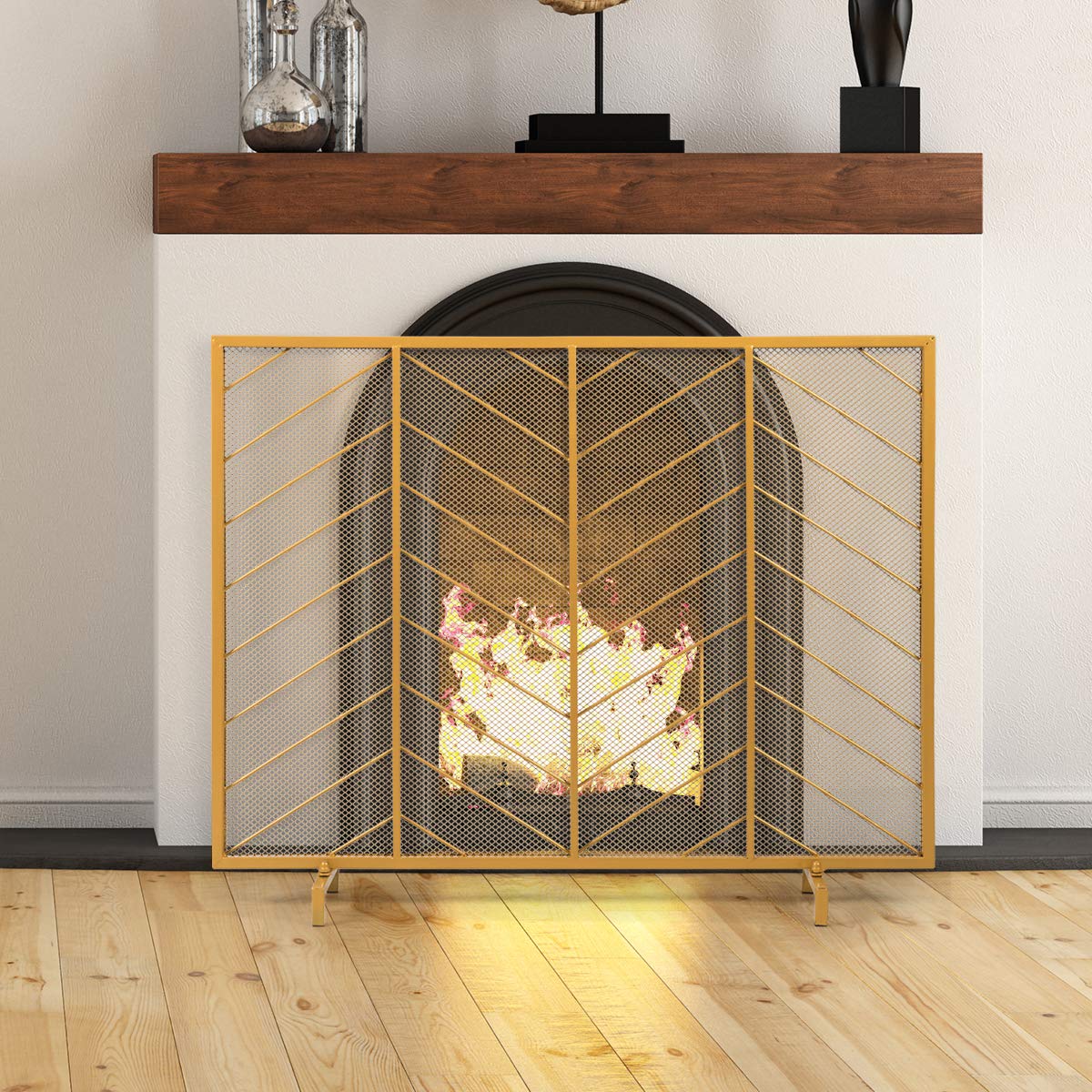 COSTWAY Freestanding Fireplace Safety Guard - 38.6'' x 8.7'' x 31.3'' Gold Metal Spark Screen for Baby & Pet Protection - Heat Resistant Hearth Barrier for Indoor Fireplace Safety - Perfect for Living Rooms, Bedrooms & Nursery Areas