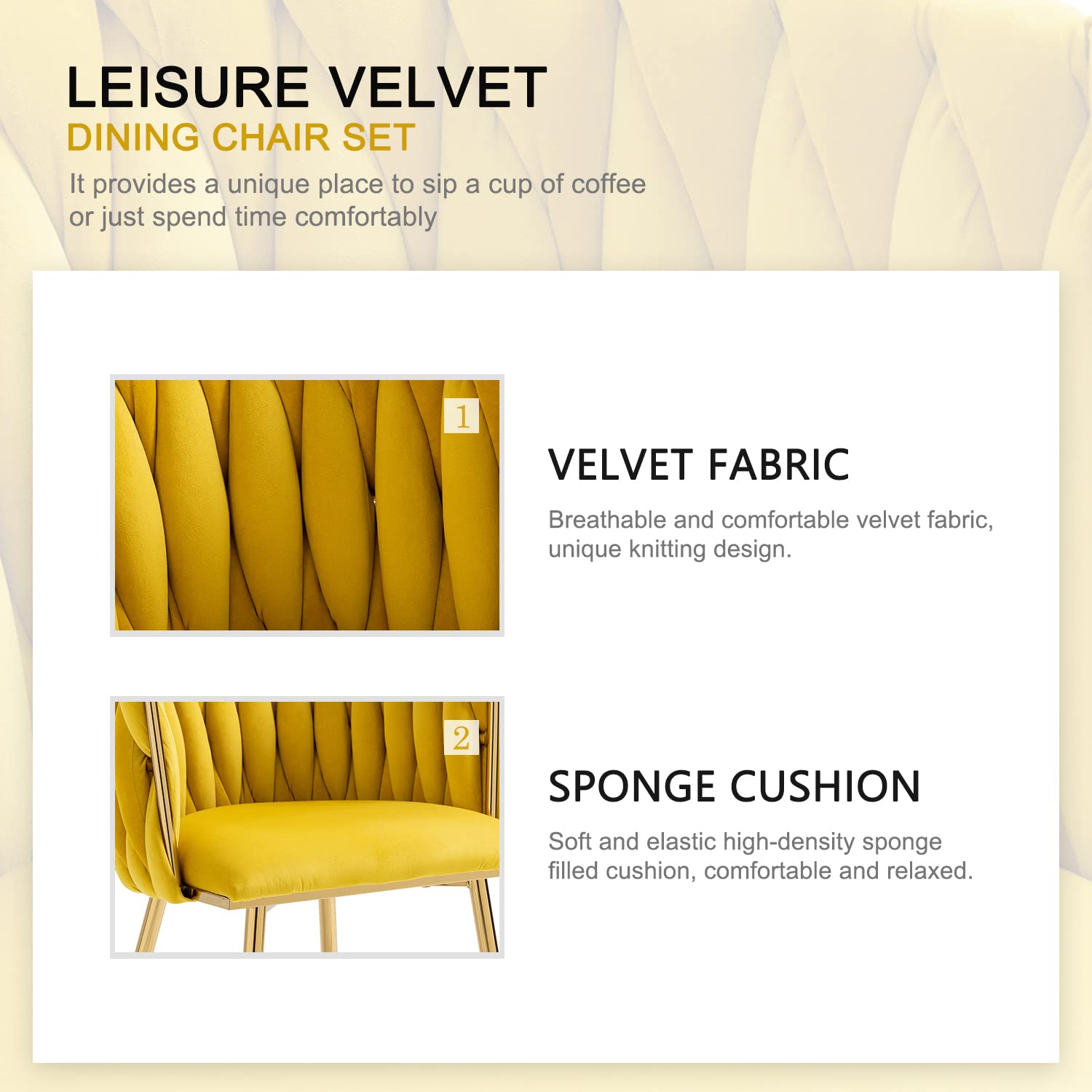 Nrizc Set of 2 Modern Velvet Upholstered Dining Chairs with Gold Metal Legs - Woven Accent Chairs for Living Room, Kitchen & Dining Room - Comfortable & Stylish Seating for Home Decor (Yellow) - Perfect for Dinner Parties, Family Gatherings & Cozy Breakfast Nooks