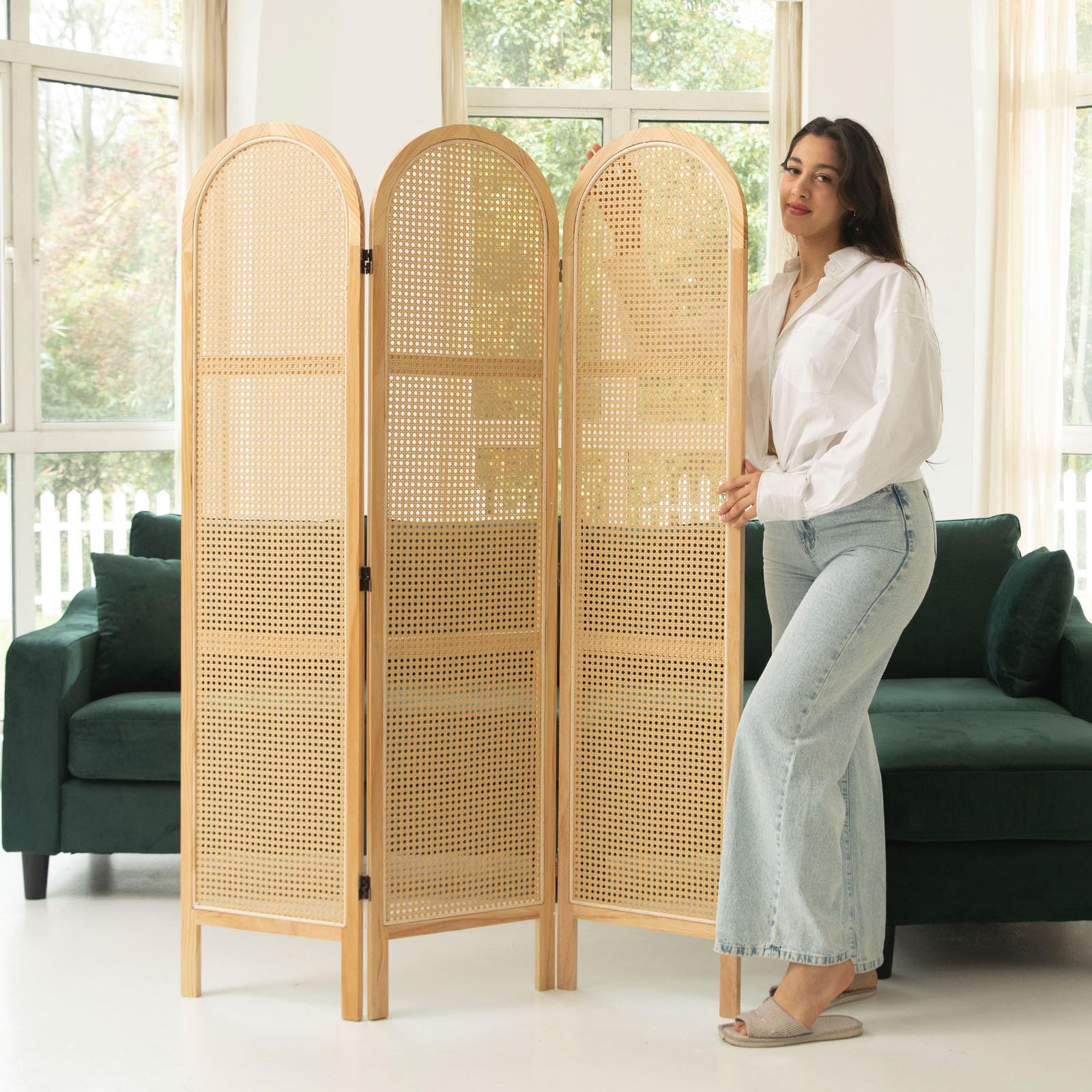 5.6 Ft Pine Wood Room Divider with Double Hinged Rattan Panels - Freestanding Folding Privacy Screen for Home Office, Bedroom & Living Room (3-Panel, Natural) - Perfect for Space Separation & Home Decor