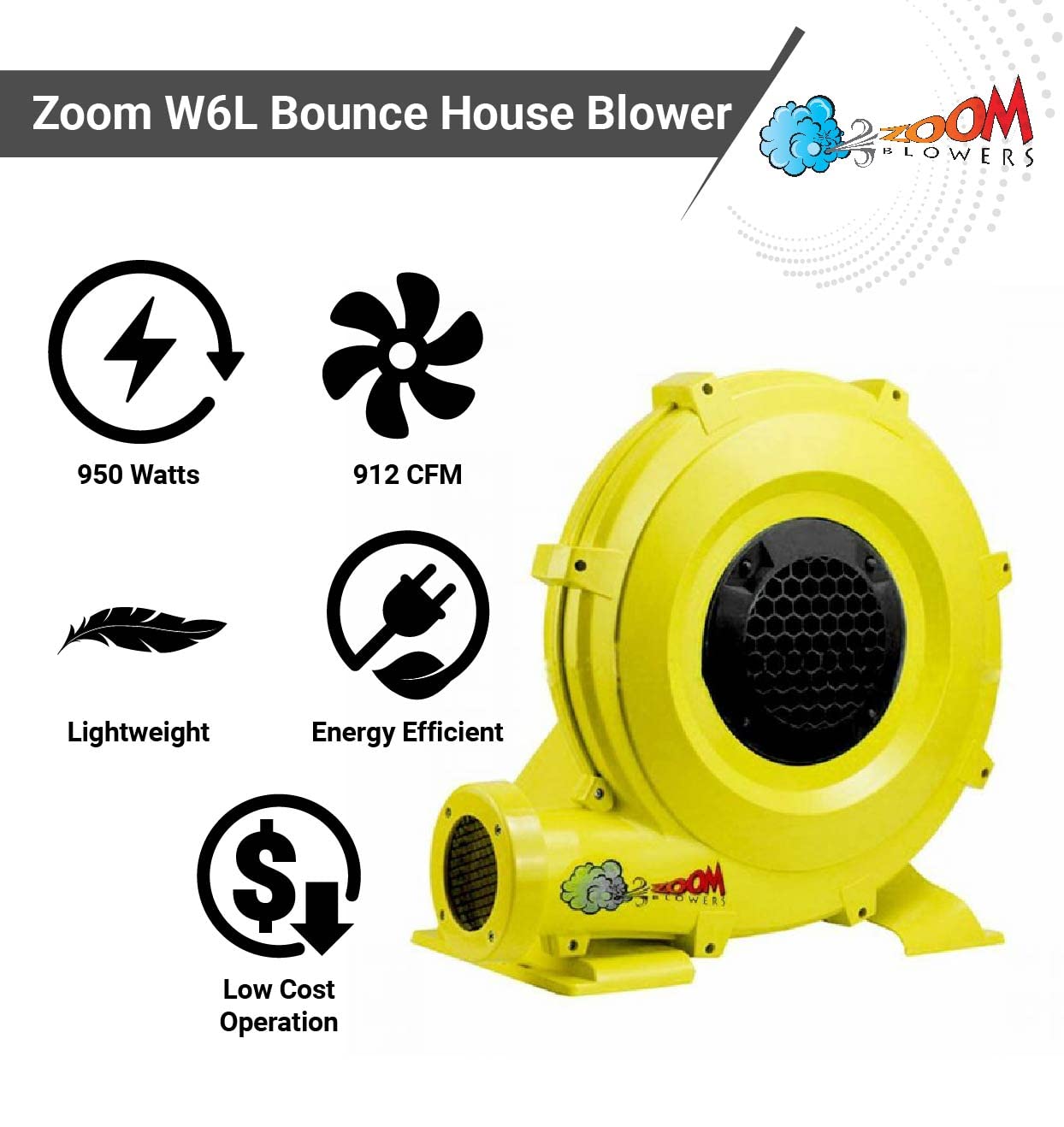 Zoom Blowers Portable Air Pump for Inflatables - High Power Compact Electric Air Blower for Bounce Houses, Water Slides & Obstacle Courses | Energy Efficient Outdoor Party & Kids Event Inflatable Pump