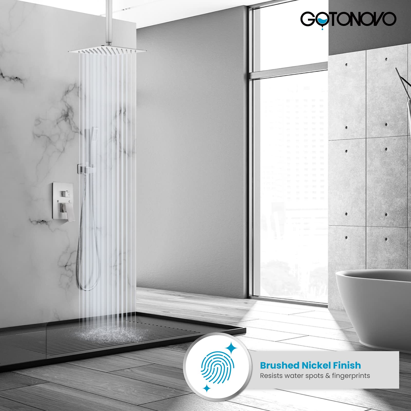 Gotonovo Luxury 10-Inch Rain Shower Combo Set - Ceiling Mount High Pressure Shower System with Handheld Spray, Brushed Nickel Finish - Perfect for Spa-Like Bathroom Renovations & Modern Home Upgrades