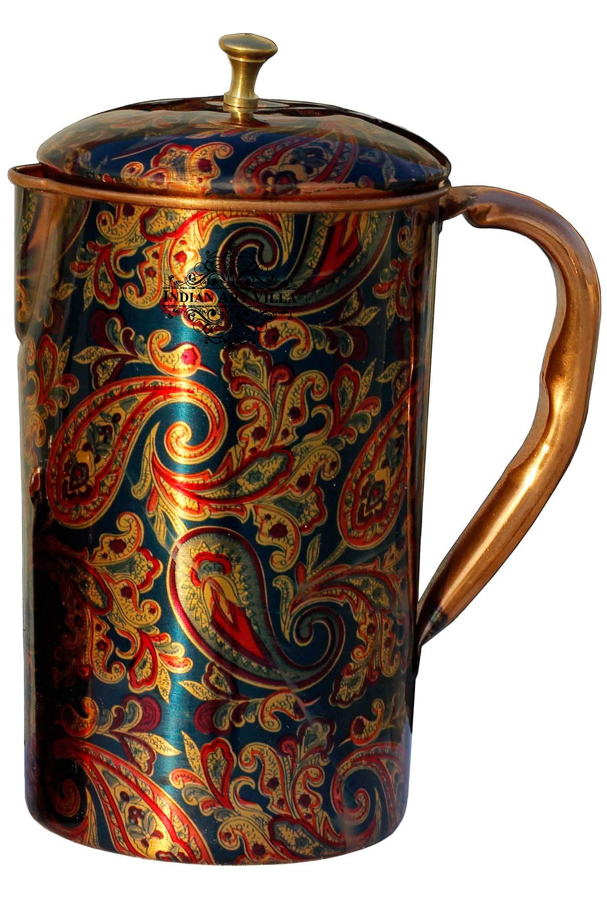 Premium Indian Art Villa Blue Printed Pure Copper Water Jug & Glass Set - 50 Oz Jug & 10 Oz Glasses (7-Piece) for Home Decor, Traditional Serving & Gift Giving