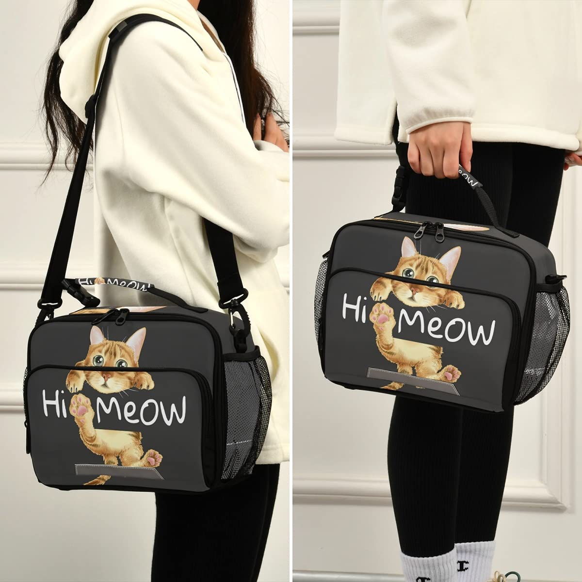 Insulated Cat-Themed Lunch Box for Kids & Teens - Cute Hanging Hi Meow Design, School & Picnic Cooler Tote Bag for Boys & Girls | Perfect for School Lunches, Outdoor Picnics & Daily Use