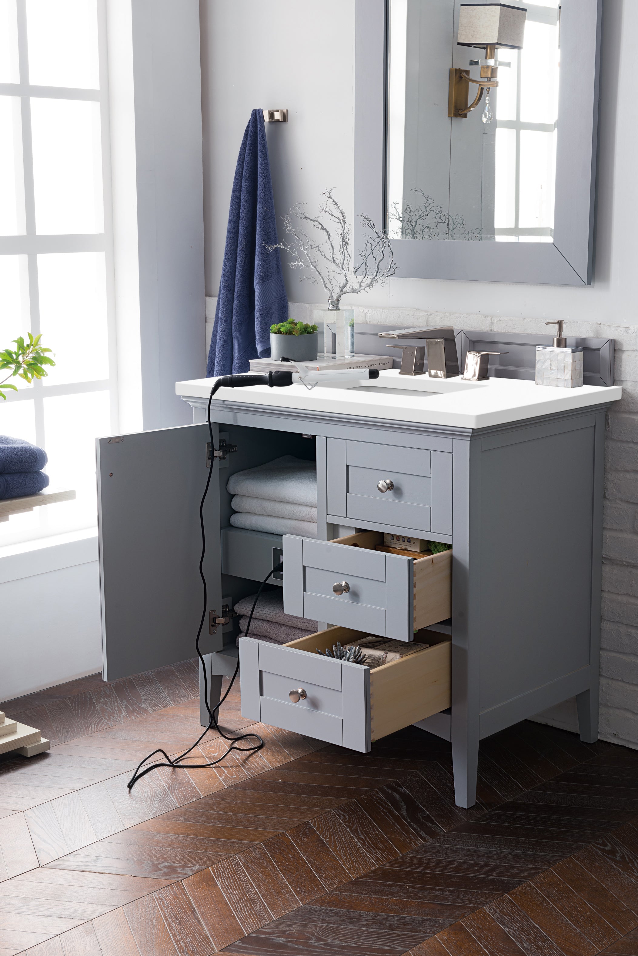 Palisades 36 Inch Single Bathroom Vanity Set with 3CM Classic White Quartz Countertop - Silver Gray Finish for Modern Home & Apartment Remodeling