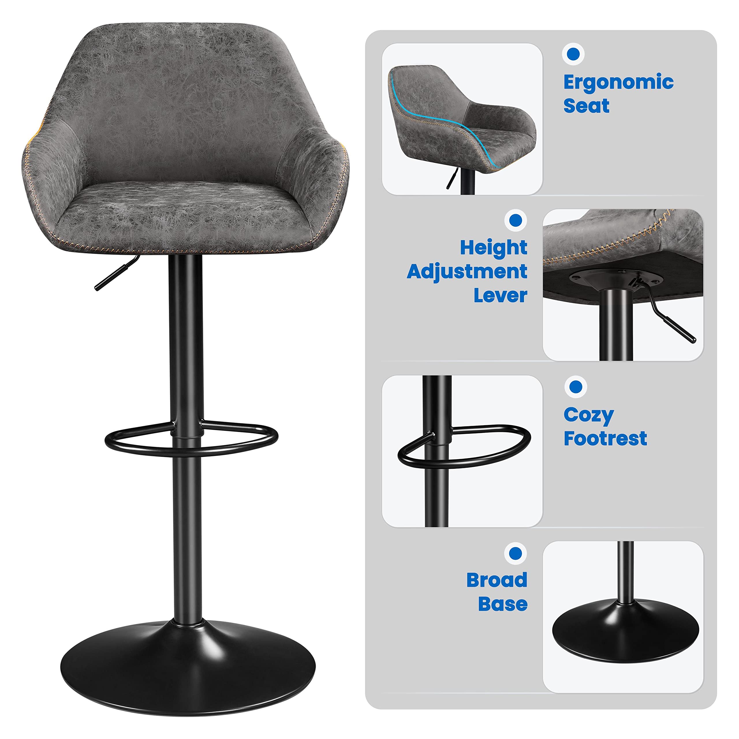 Yaheetech 4-Pack Adjustable PU Leather Swivel Bar Stools with Backrest & Footrest - Counter Height Kitchen Island Stools for Home, Dining Room, or Bar - Grey (Modern Comfort Seating for Entertaining & Relaxation)