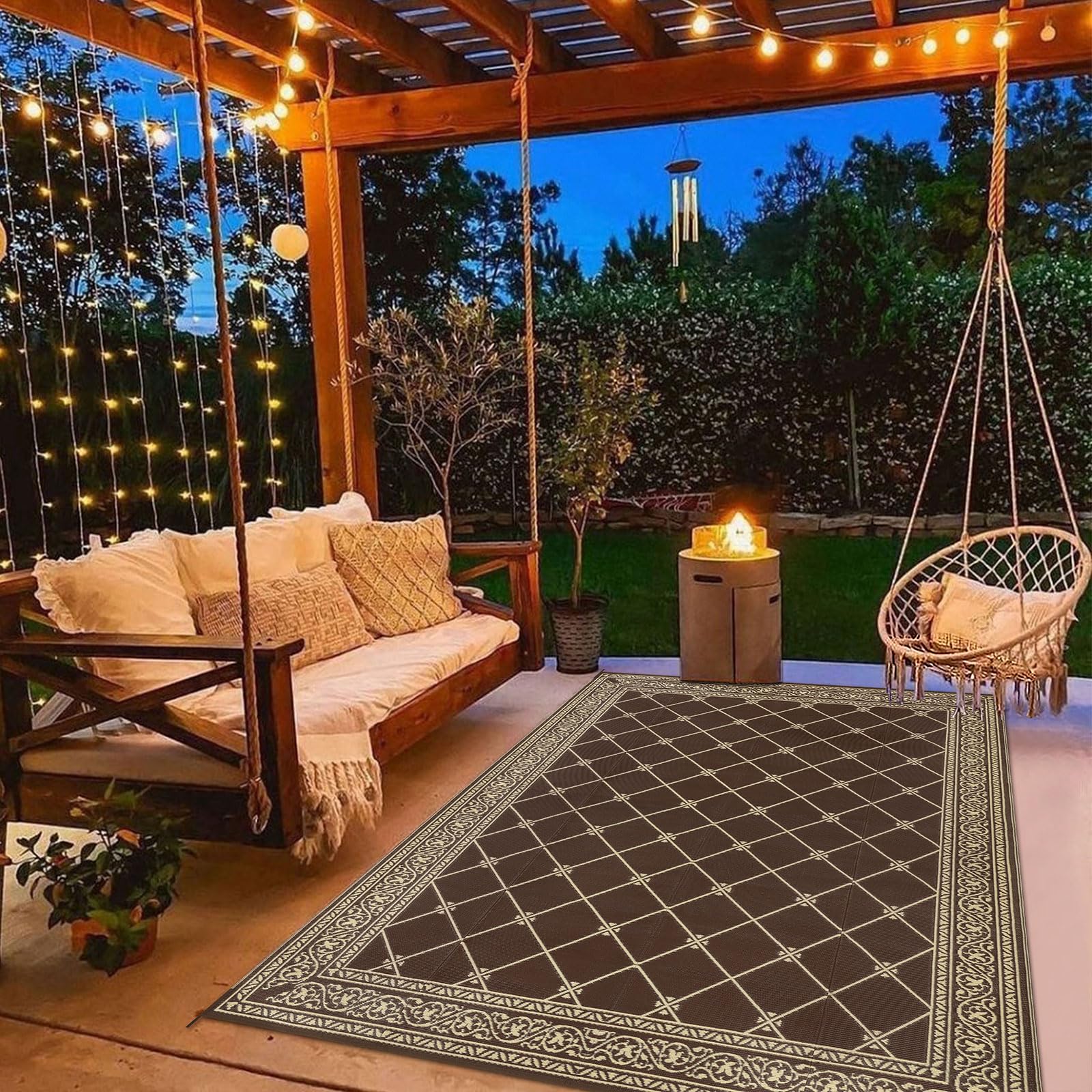 HiiARug Reversible 5'x7' Outdoor Rug - Durable Plastic Straw Patio Mat for Camping, RV, Deck, Backyard, Beach & Picnic - Waterproof & Easy to Clean - Perfect for Outdoor Entertaining & Relaxation (Brown)