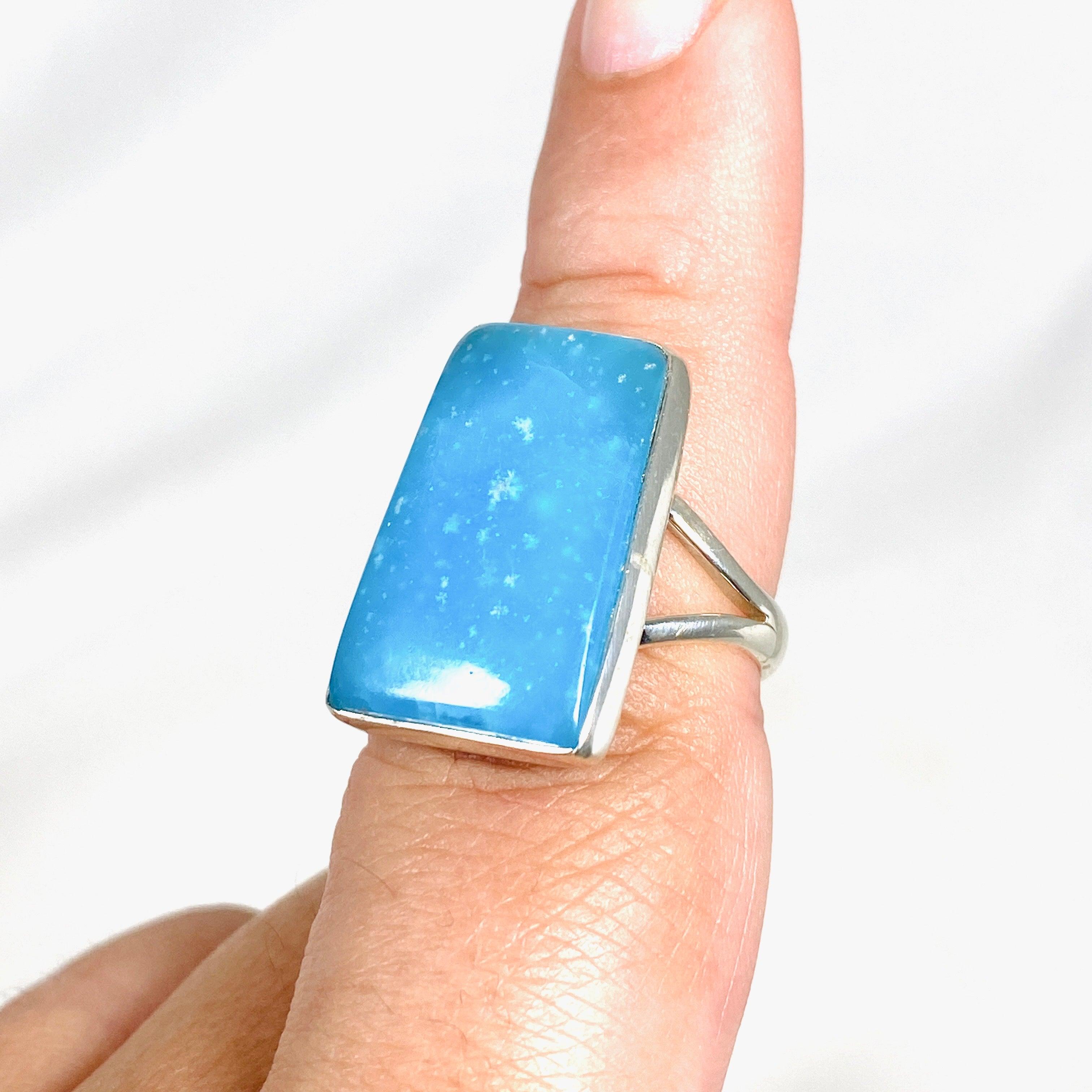 Natural Hemimorphite Rectangular Ring - Size 8 Silver Jewelry KRGJ3116 | Healing Crystal Ring for Meditation & Energy Balancing
