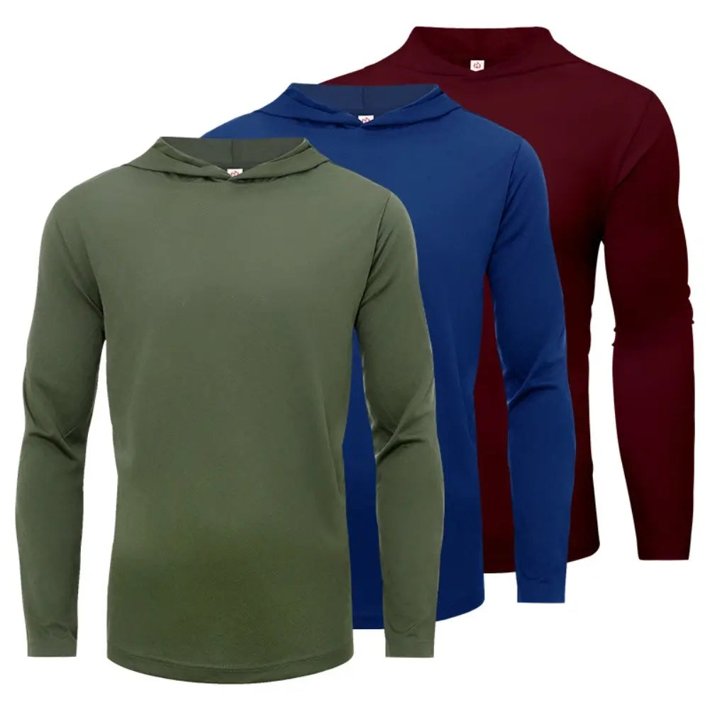 3 Pack Men's Performance Long Sleeve Hooded Shirts - Moisture Wicking, Breathable Workout Tops for Running, Gym & Outdoor Activities