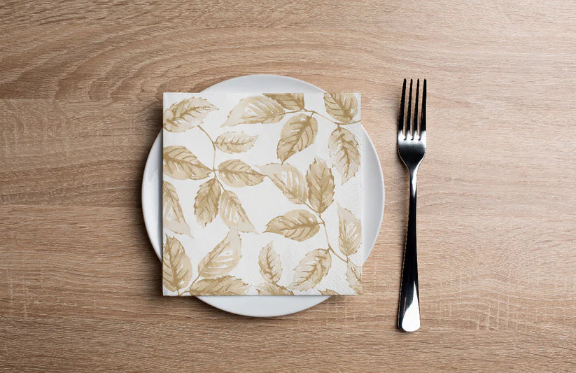 Premium Disposable Paper Cocktail Napkins 16 Pack - Elegant Gilded Leaves Design for Parties, Weddings & Home Entertaining