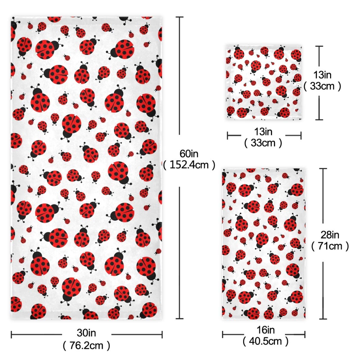 Cute Cartoon Ladybug Pattern Soft Luxury Bath Towel Set - 3-Piece (Bath Towel, Hand Towel, Washcloth) for Bathroom, Hotel, Gym, Spa & Kitchen | Perfect for Home Decor, Guest Towels & Spa Relaxation