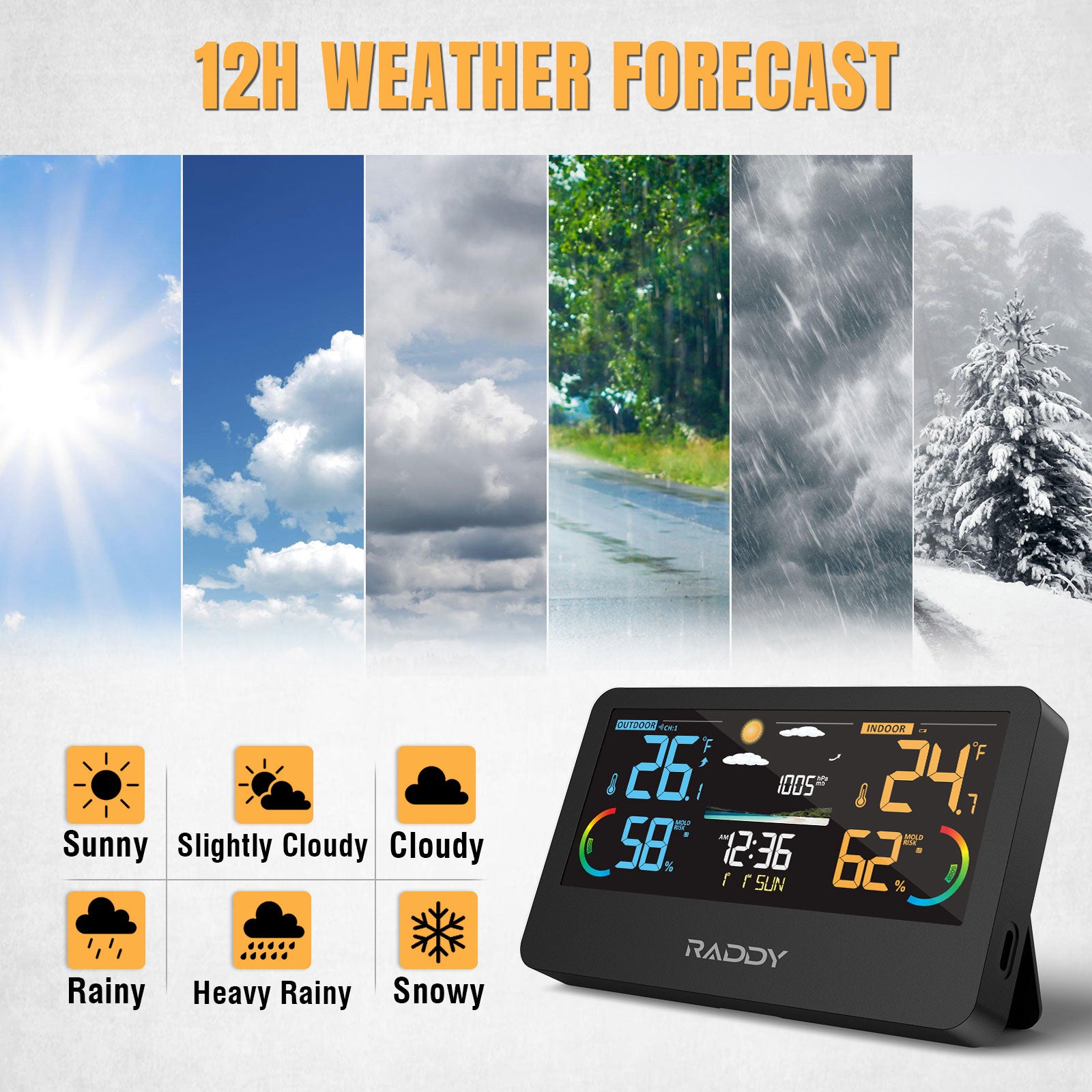 Raddy WF 55C Pro Wireless Weather Station with Thermometer, Hygrometer & Barometer - Accurate Indoor/Outdoor Temperature Humidity Monitor & Weather Forecast with Mold Risk Alert - Perfect for Home, Garden, Greenhouse & Office Use
