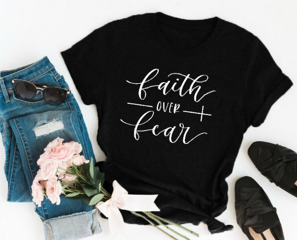 Faith Over Fear Christian T-Shirt for Women - Religious Inspirational Tee - Perfect for Church, Bible Study & Everyday Wear