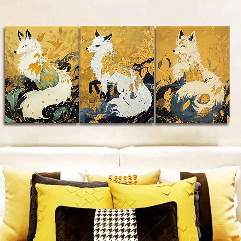 3-Piece Platinum Fox Art Painting - Metal Print Wall Art Ready to Hang - Perfect for Living Room, Bedroom & Office Decor