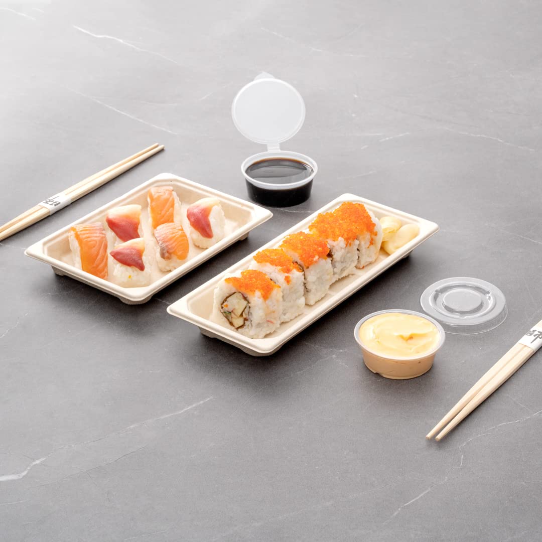 Eco-Friendly 8.7 x 3.5 Inch Microwavable Bagasse Sushi Trays - 100-Pack Sugarcane Fiber Dishes, Freezer Safe (Lids Sold Separately) | Perfect for Restaurants, Catering & Home Sushi Parties