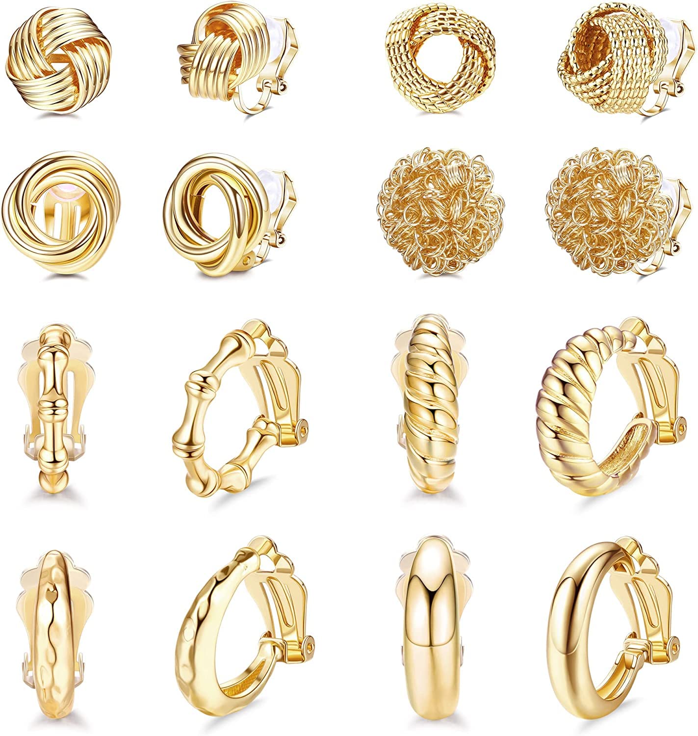 LOLIAS 8 Pairs 14K Gold Clip On Earrings for Women - Non-Piercing Stud, Dangle & Chunky Hoop Earrings in Gold & Silver | Fake Earrings, Twisted Huggie Hoops for Teen Girls | Perfect Gift for Parties, Weddings & Everyday Wear